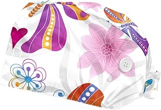 2 Pcs Scrub Cap with Buttons, Flowers Butterflies Surgical Caps Adjustable Tie Back Hats for Women Men