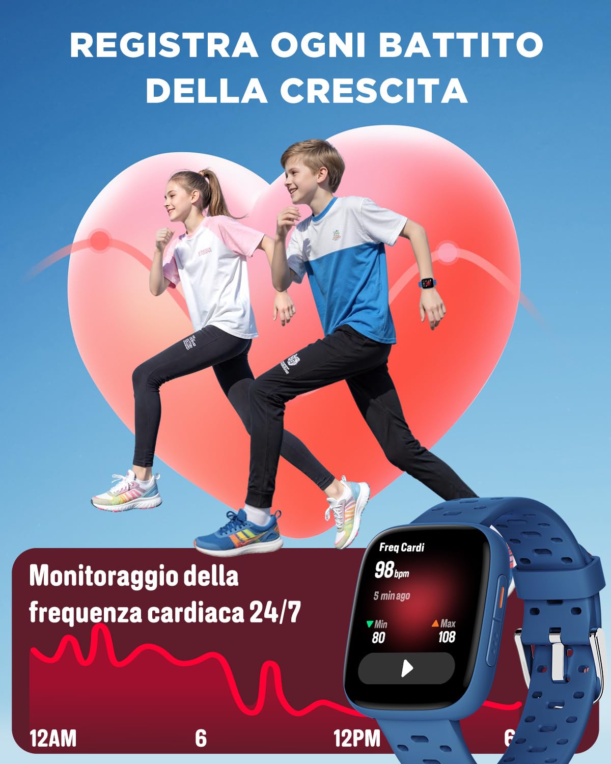 BIGGERFIVE Smartwatch Bambini Bambina Ado 5-16, 1,8" Amoled Fitness Tracker | Orologio Contapassi, Frequenza Cardiaca, Resistente all'Acqua 30m, Monitor del Sonno, Giochi Puzzle con/senza APP, Blu