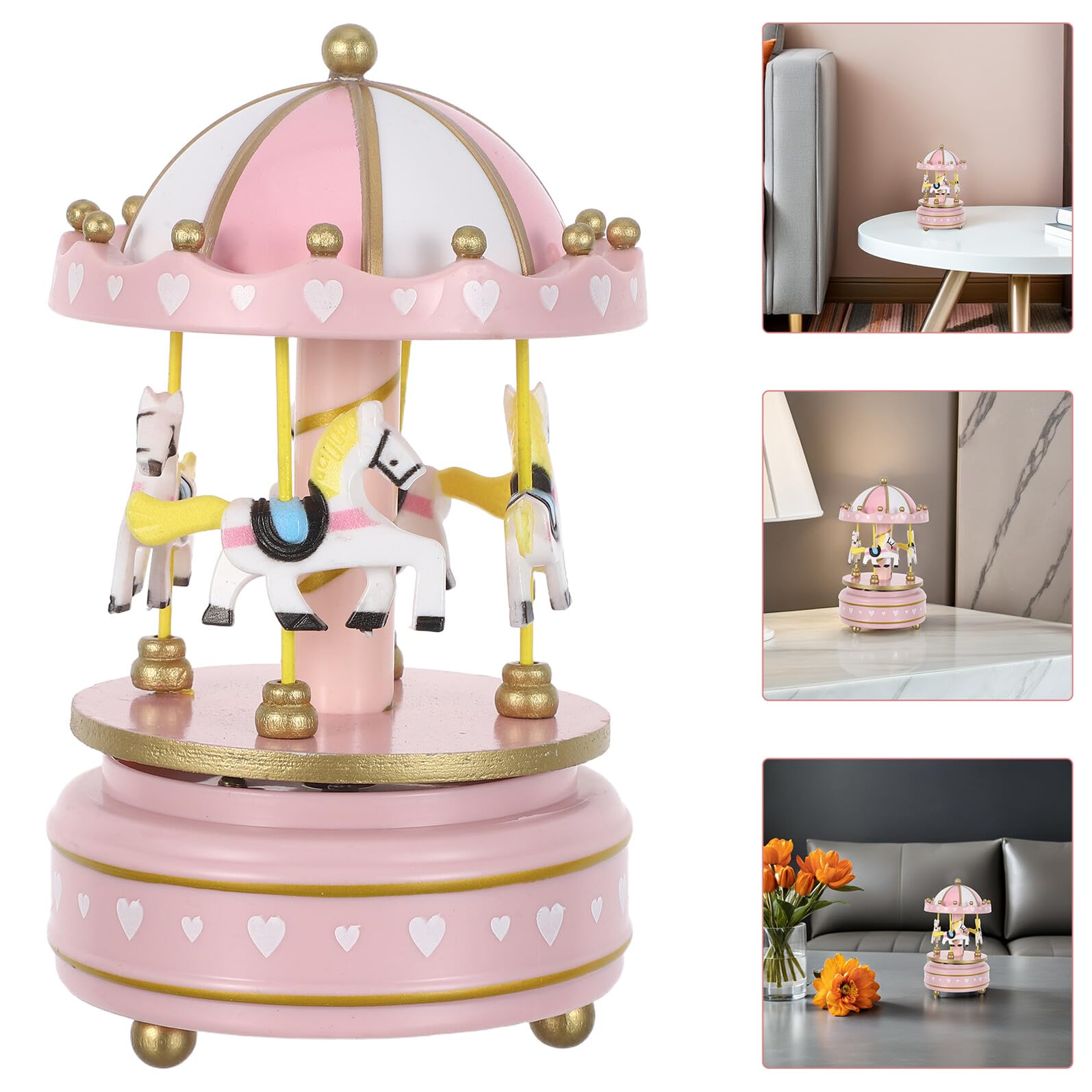 Caja de Música Carrusel Giratoria para Niña con Caballos Color Rosa Tamaño 3 de Madera y Plástico Caja Musical Mecánica de Cuerda Adecuado para Obsequio de Cumpleaños y