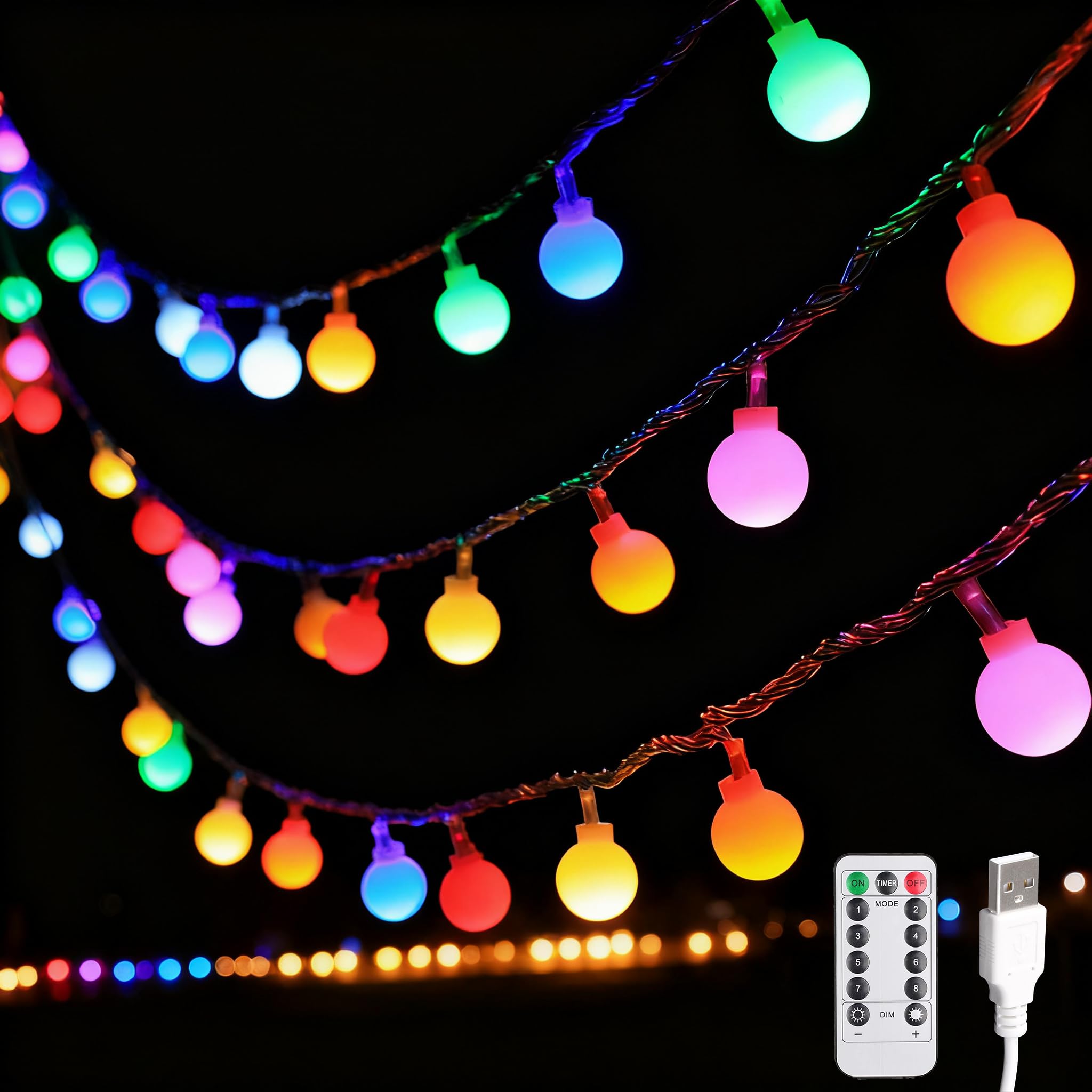 USB Lichterkette Innen,15M 100LED Bunte Kugeln Lichterketten,Lichterkette Außen Innen,Outdoor Strom Lichterketten mit 8 Modi und Timer Funktion,Ideal für Kinderzimmer,Gartenbeleuchtung,Party