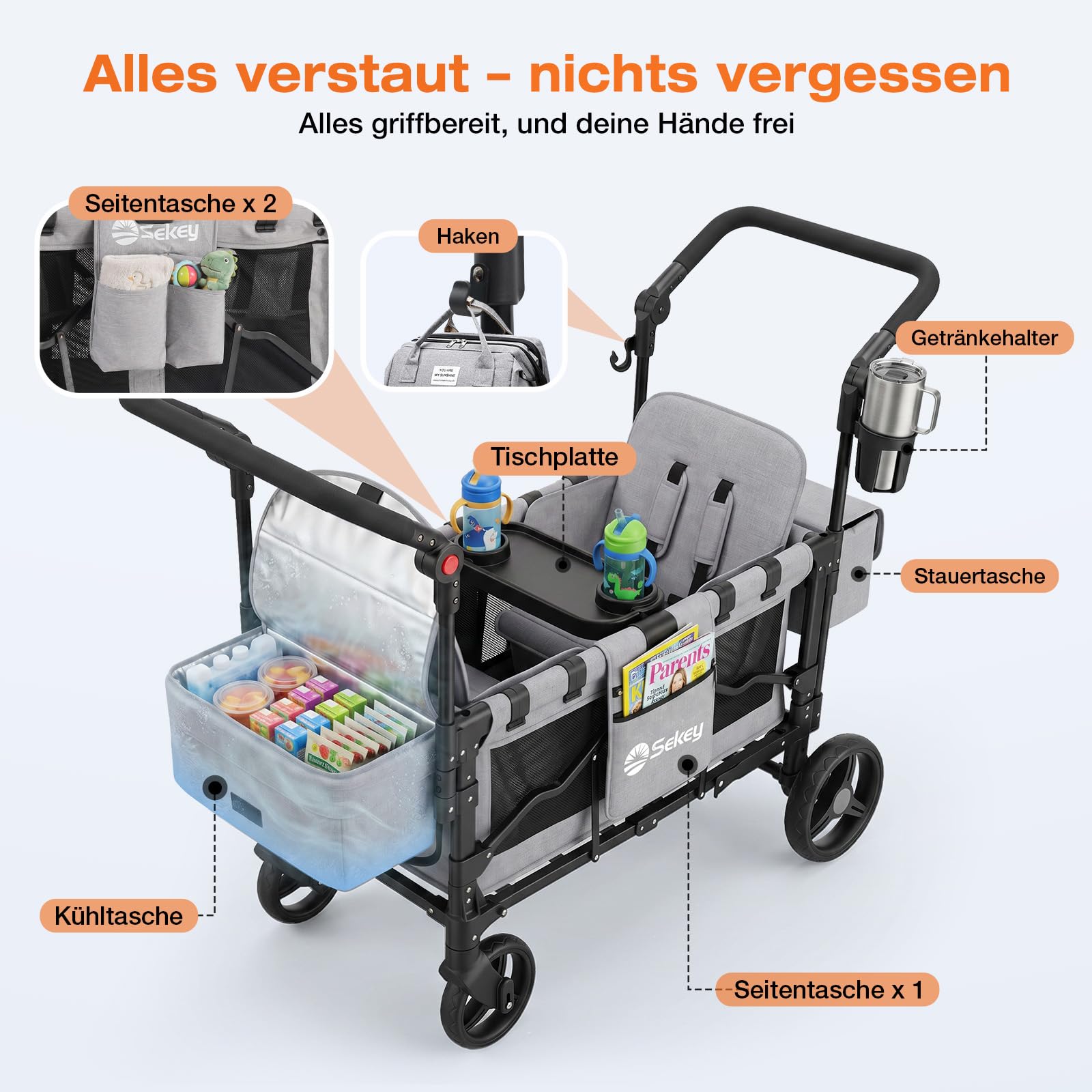 Sekey Bollerwagen Kinder Zwillingsmodus, Bollerwagen Faltbar mit Dach 2 Kinder, Duo Schiebegriff Kinderwagen Doppelsitz mit 2 integrierten 5-Punkt-Gurtsystem, Zwillingskinderwagen Luxer 6060, Grau