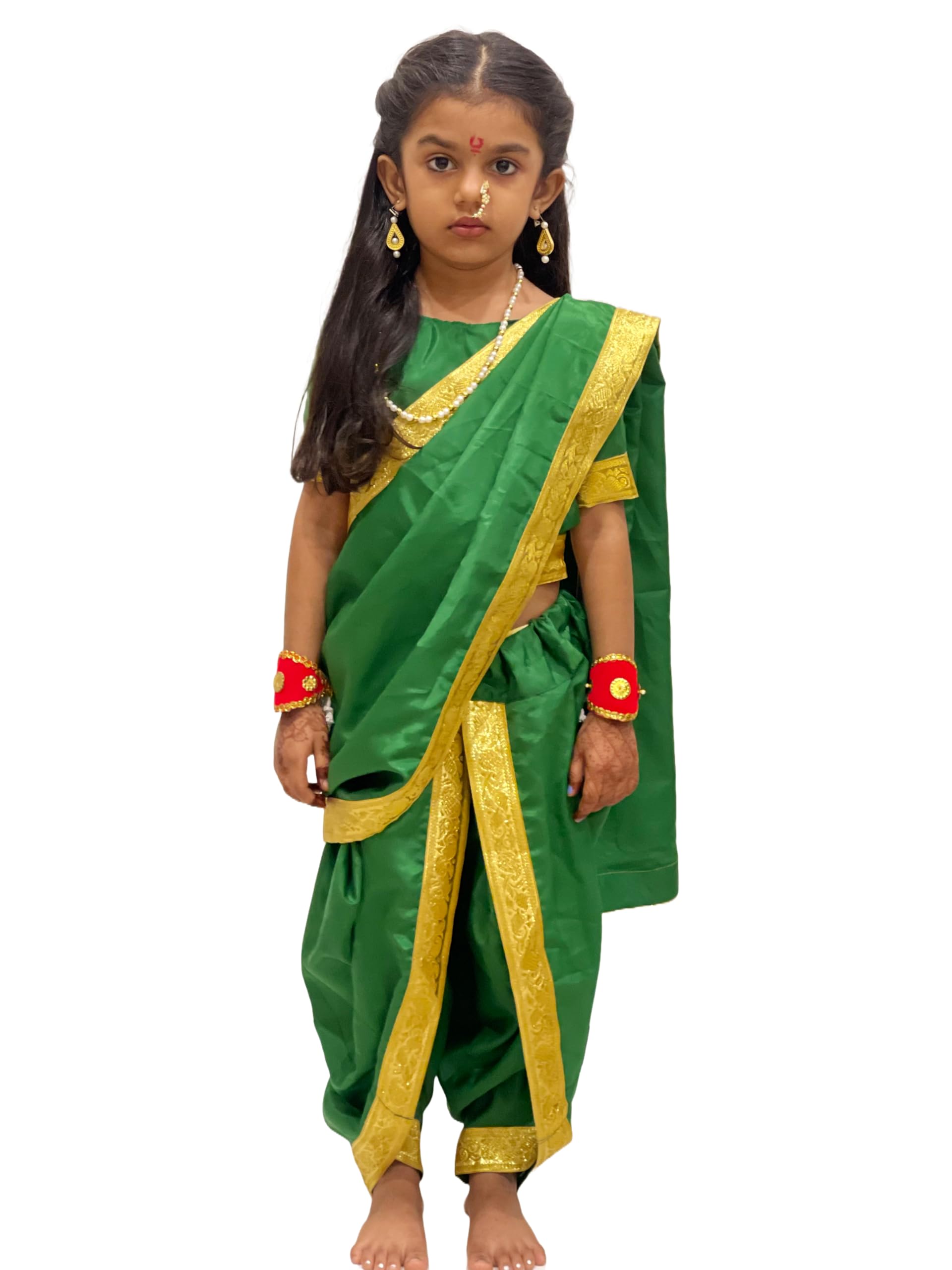 SHIV VESH BHUSHATraditional Marathi Girl Costume for Kids  Green Nauvari  Saree Dress with jewellery | Fancy Dress for School Functions, Cultural