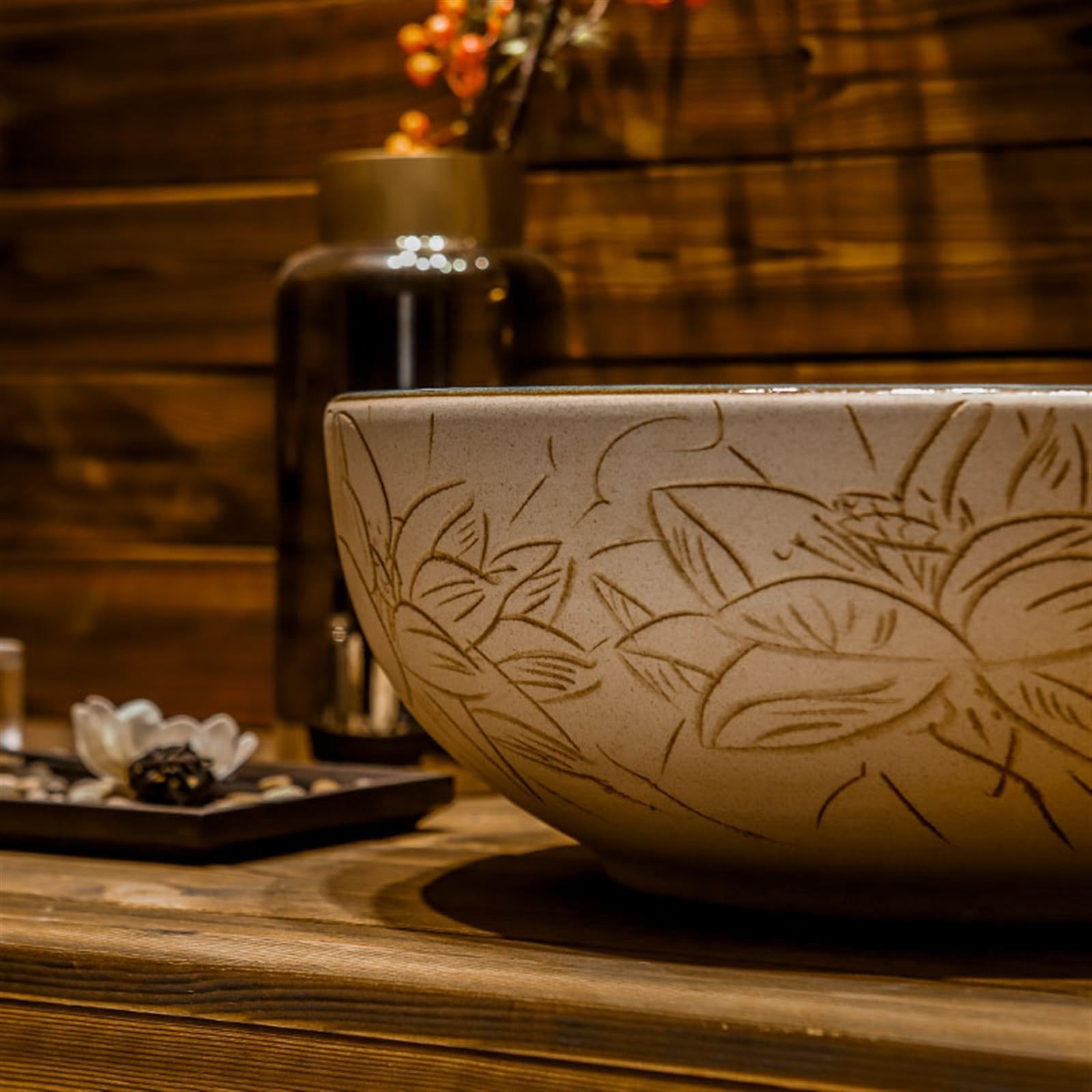 Ręcznie rzeźbiona antyczna ceramiczna okrągła umywalka łazienkowa - łatwa do czyszczenia umywalka na balkon i artystyczna dekoracja elegancki design nowoczesne domy