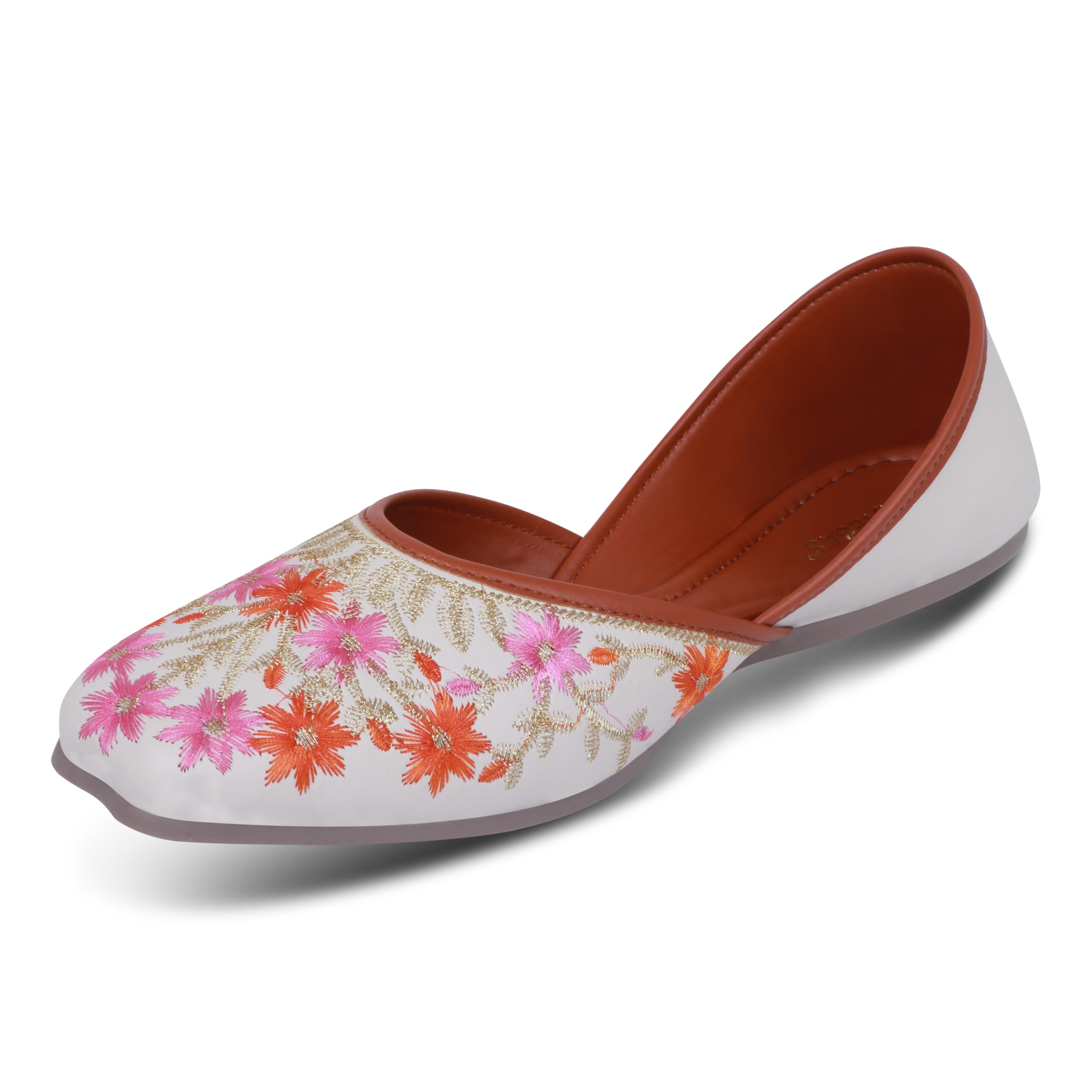 RAHEGAS Women’s White Jutti | Embroidered & Pearl Work Punjabi Flats | Ethnic Leather Look Mojaris for Women & Girls-image-28