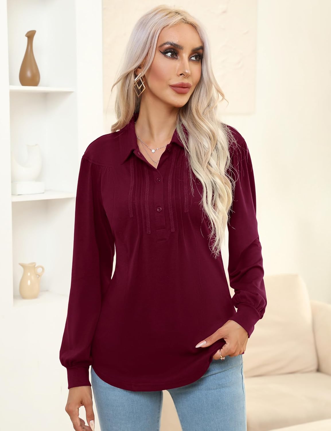 Micoson Polo Shirts for Women Long Sleeve Button Down Collared Tops Loose Casual Tunic Blouses - Image 3