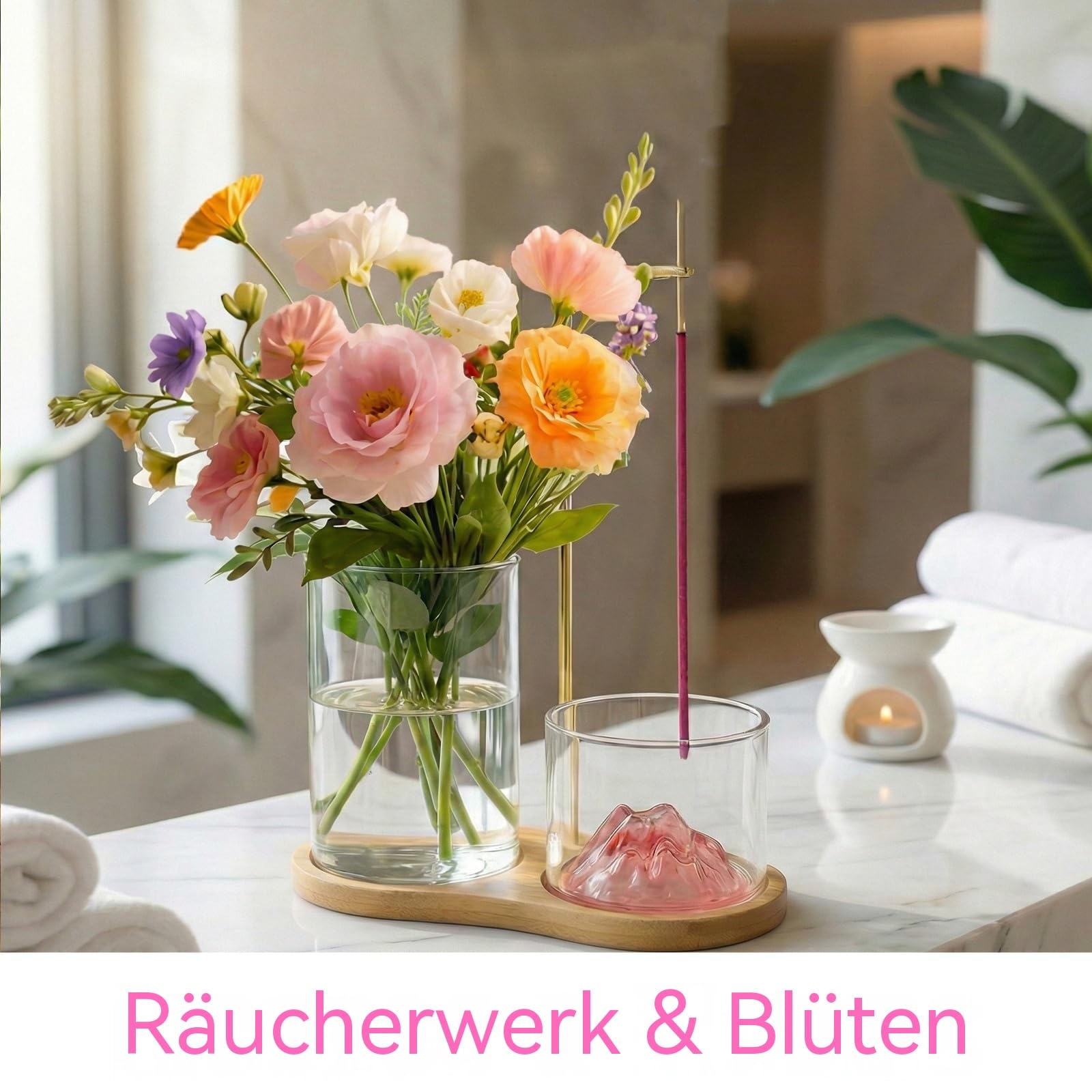 Räucherstäbchenhalter aus Holz mit abnehmbarem Rosa Eschenbecher und kleiner Vasenfunktion, 30 Räucherstäbchen mit Rosenduft, für Meditation, Yoga, Spa, Zen-Dekor und Geschenke