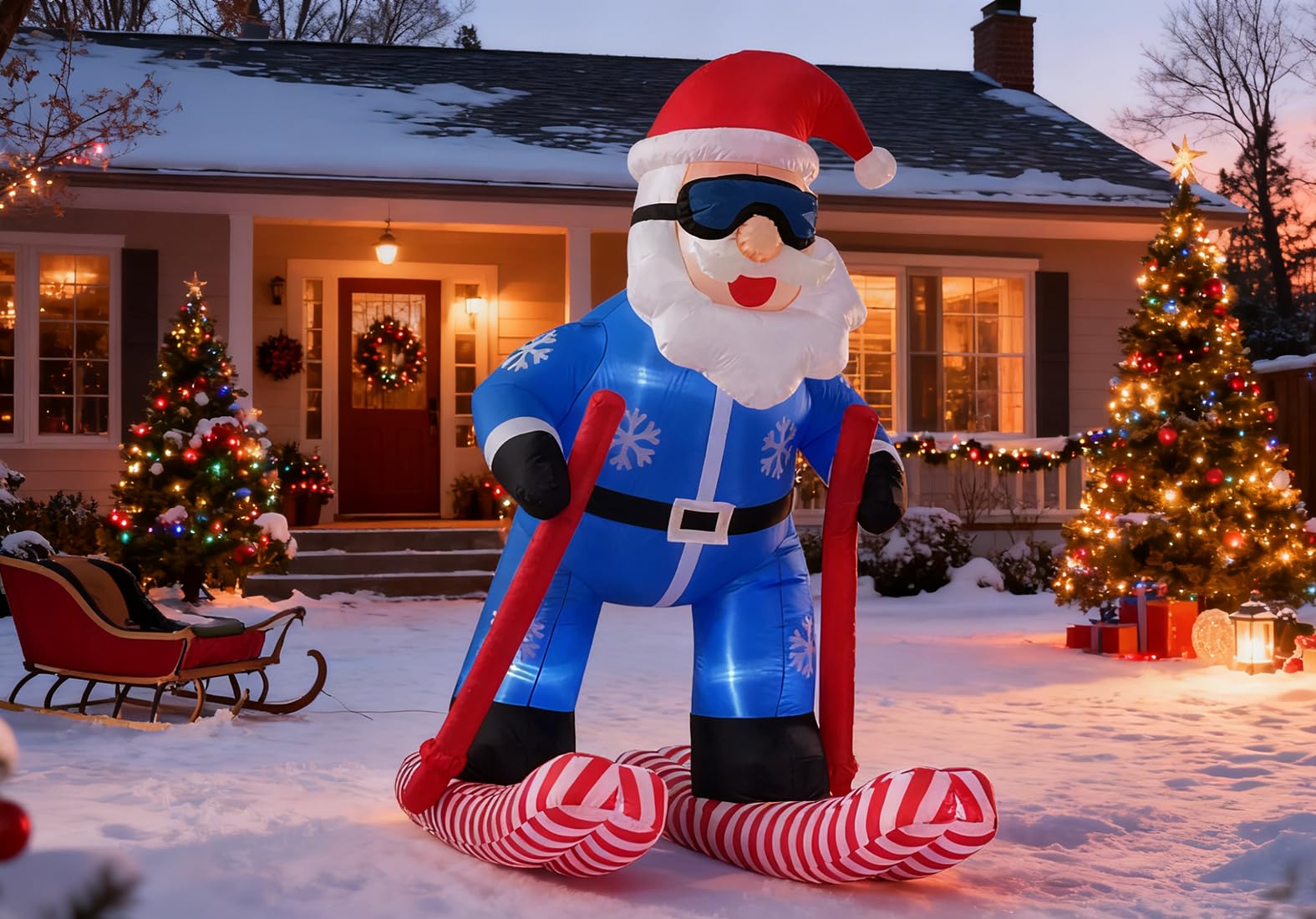 langxun 8 ft christmas inflatable outdoor indoor decor, giant blow up ip44 weatherproof xmas decorations for yard, built-in led light for gardern lawn winter holiday (8ft skiing santa claus)