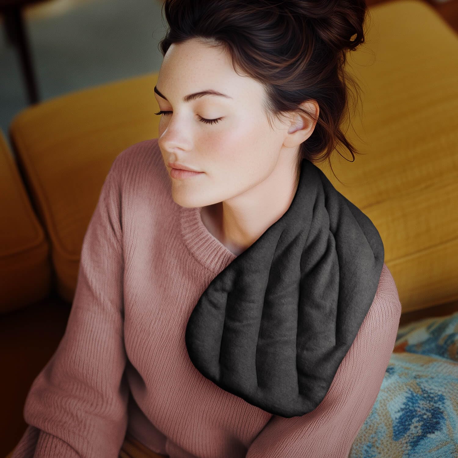 LESCHI XXL Coussin chauffant micro ondes (50x20cm) en coton 100% bio, 8 compartiments, noir, Bouillotte graines de blé 100% bio, Bouillotte micro-ondes idéale pour réchauffer épaules, cou, dos, nuque