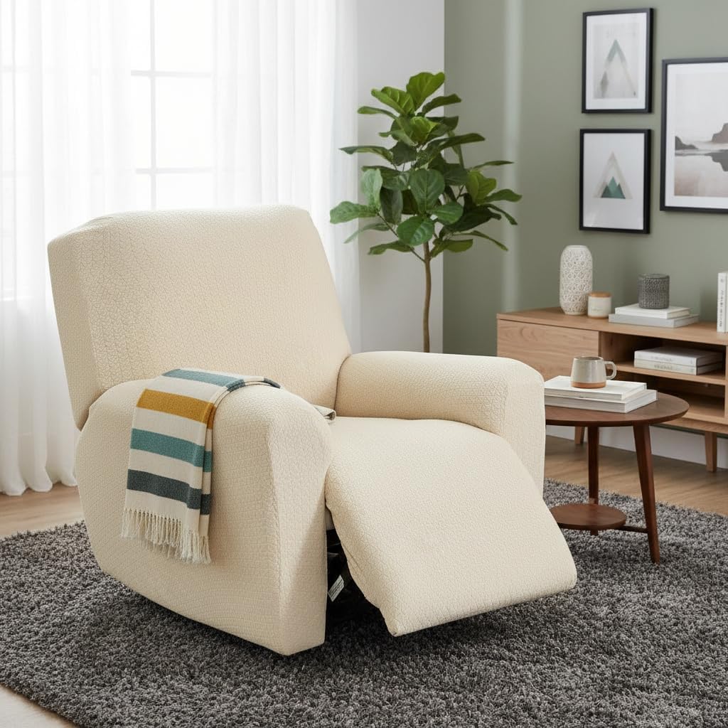 NILUOH Jacquard Recliner Cover 4-Piece Set - Elegant Stretch Slipcover for Old Furniture, Easy Fit Recliner Sofa Couch Protector, Machine Washable for Living Room, 1-Seater,Off-White