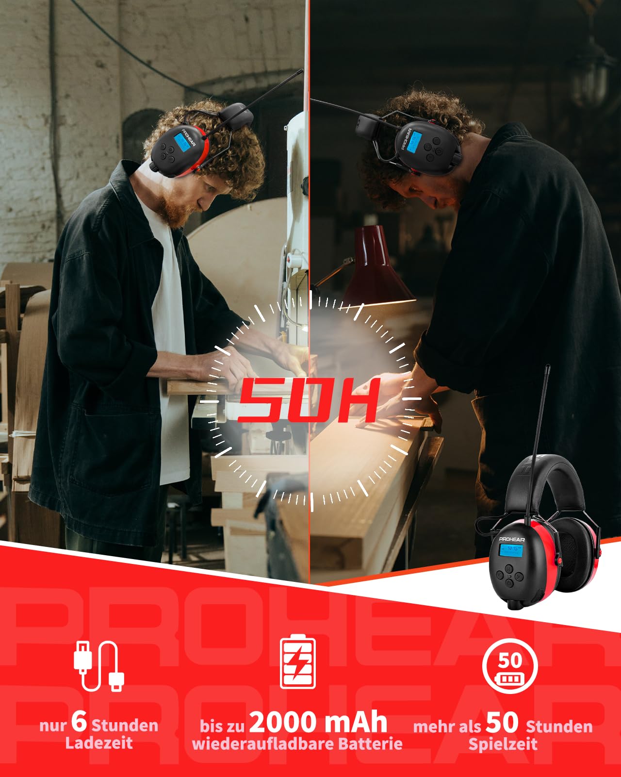 PROHEAR 033A Cascos Antiruido Bluetooth, Protección Auditiva con Radio FM/AM y Micrófono Integrado,USB-C Recargable Orejera,Cascos Insonorizacion para Césped Talleres Carpinteros,SNR 31dB-Rojo