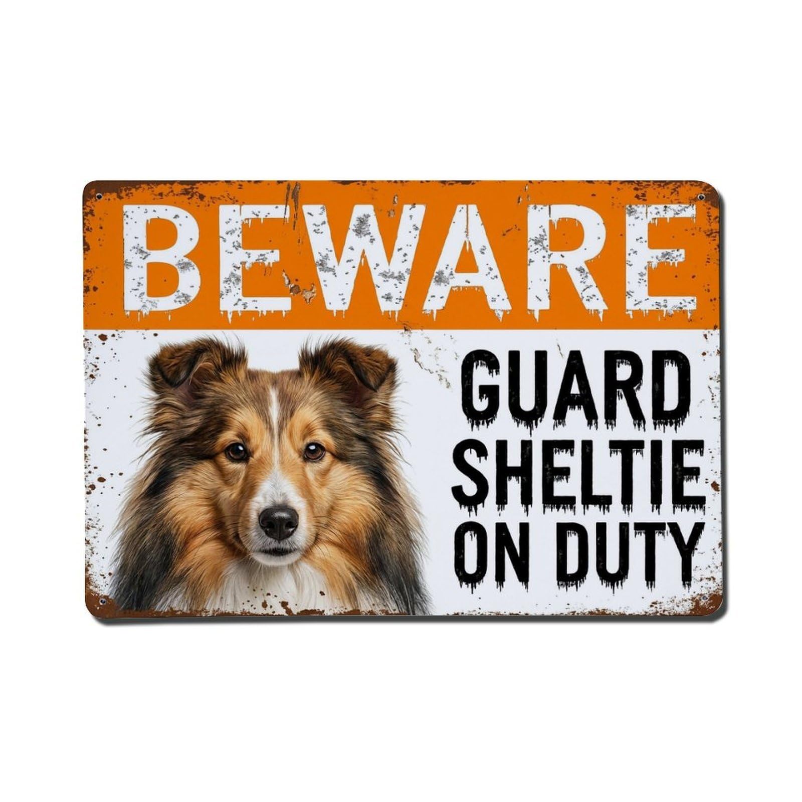 Vintage Funny Sheltie Guard Beware of Dog Cabin Metal Tin Sign