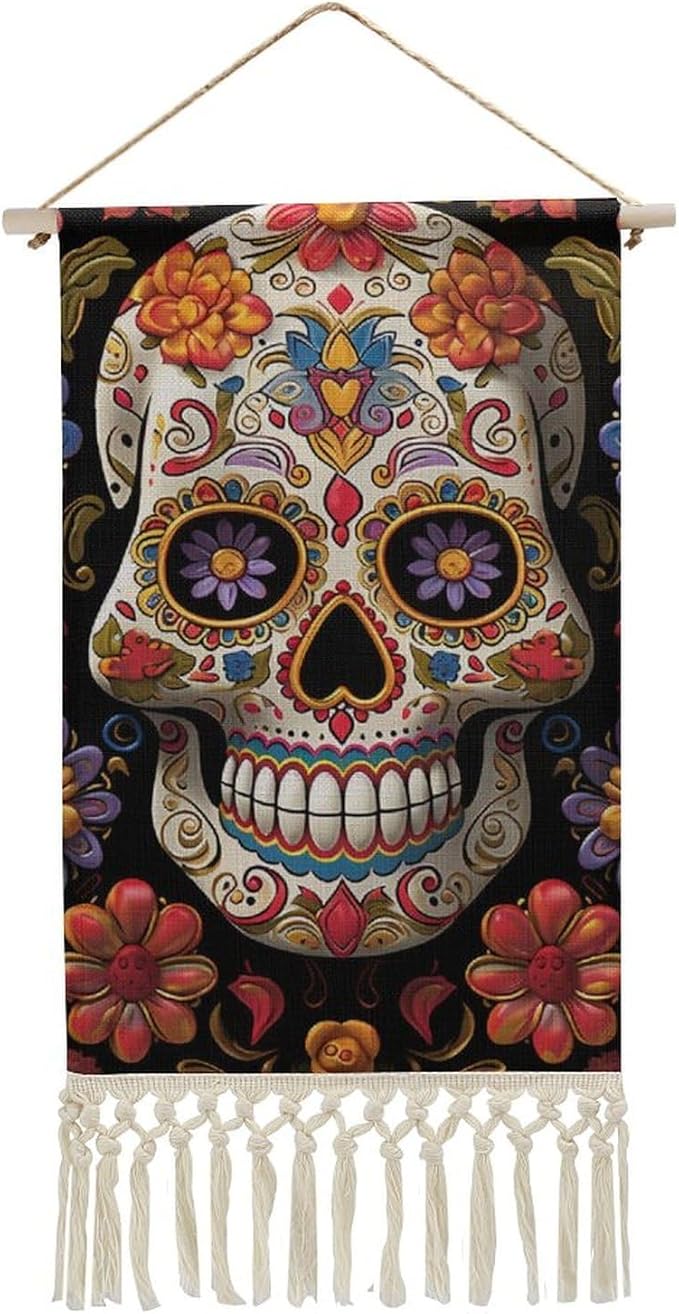 LPSADGF Sugar Skulls Poster Hanger Frame Cotton Linen Artwork Wooden Shaft Hanging Poster Posters Wall Art with Wooden Frames Wall Hanging Banner Decor for Living Room Bedroom