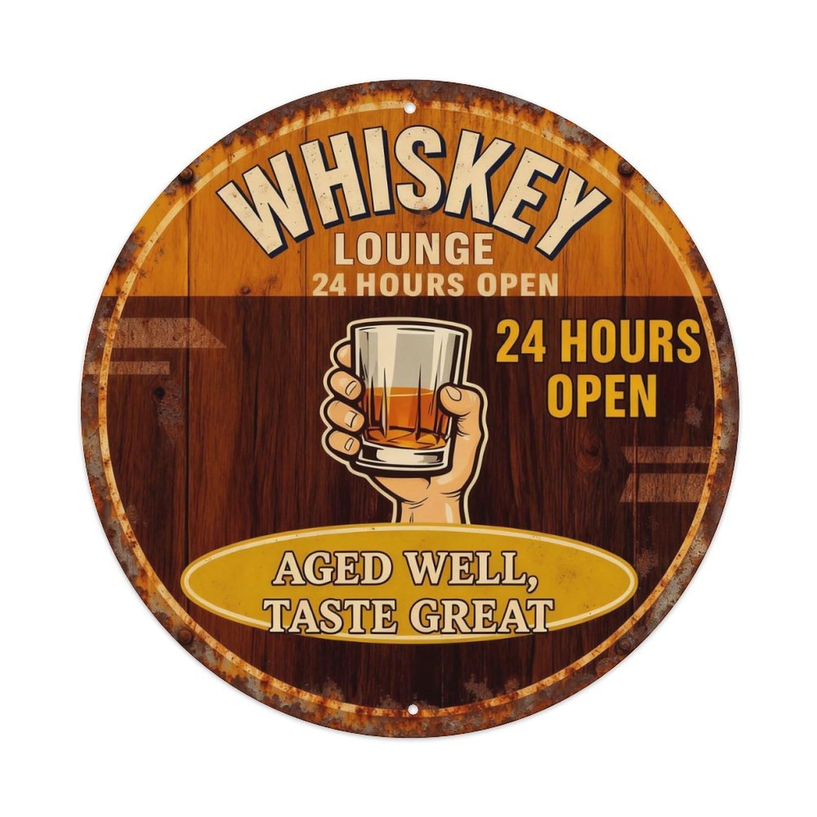 Whiskey Lounge 24 Hours Open Metal Tin Sign Plaque