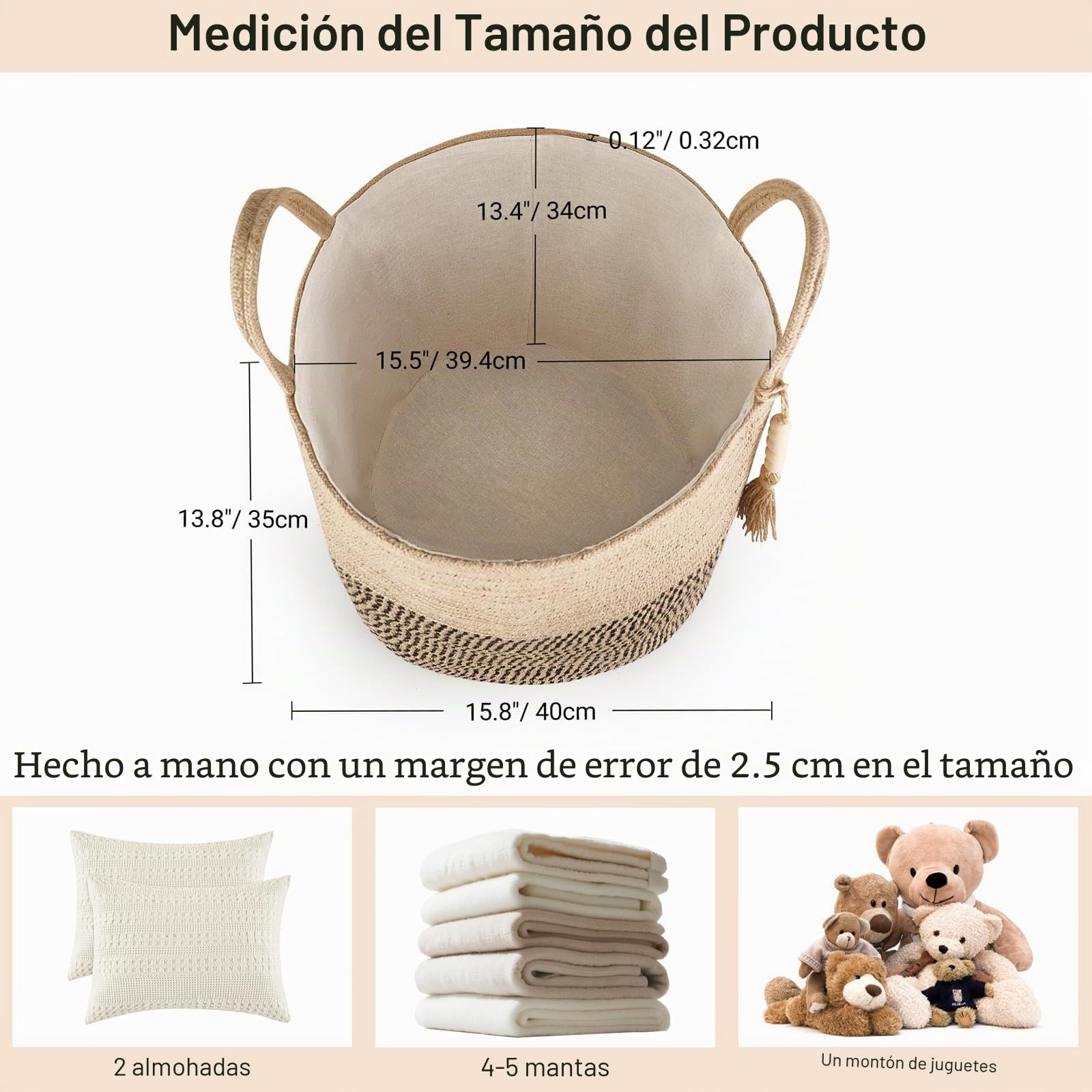 Mkono Cesta de almacenamiento tejida decorativa de cuerda con cuentas de madera para mantas, juguetes, ropa, zapatos, organizador de plantas con asas, decoración del hogar, sala de estar, amarillo y