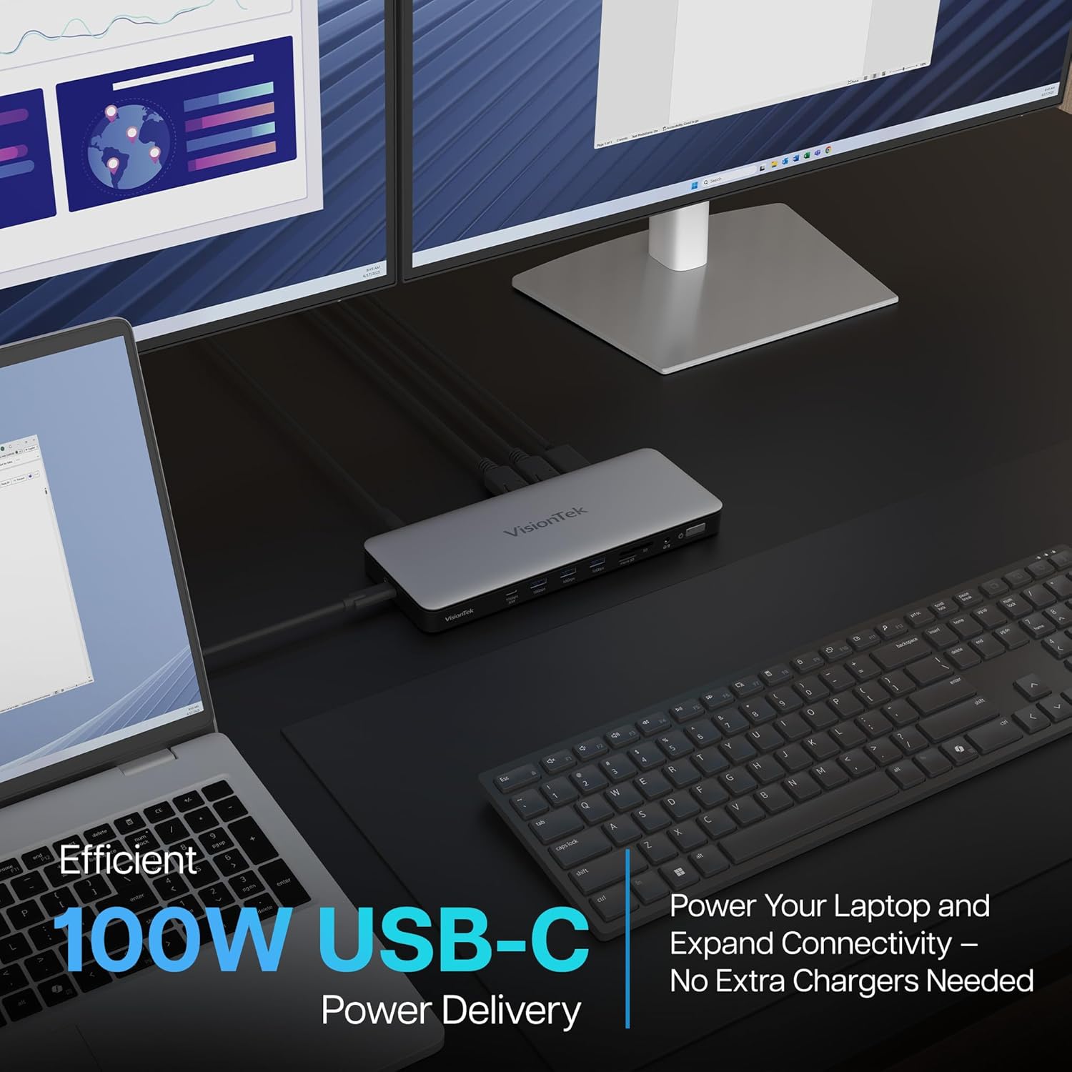 VisionTek VT2600 USB-C MST 3X Monitor Docking Station - 100W Power, 2X DisplayPort, 2X HDMI, 3X USB-A, 3X USB-C, Audio, Ethernet, SD Reader for Windows