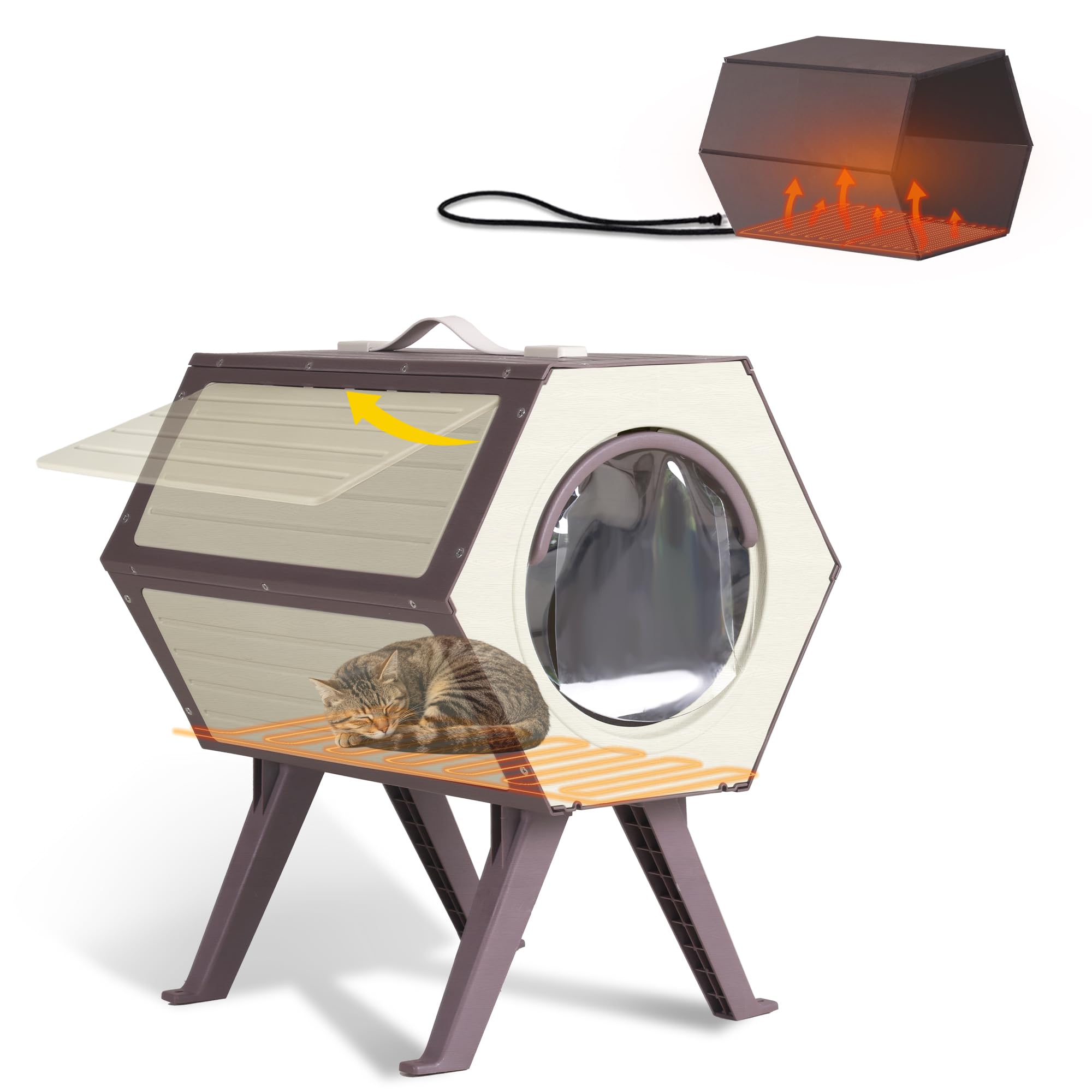 Heated Cat House for Outdoor Winter,Combined Cat Condo with Adjustable Temperature and Time， Insulated Outdoor or Indoor Cat Shelter for Feral with Escape Door (White and Brown, 1 Set)