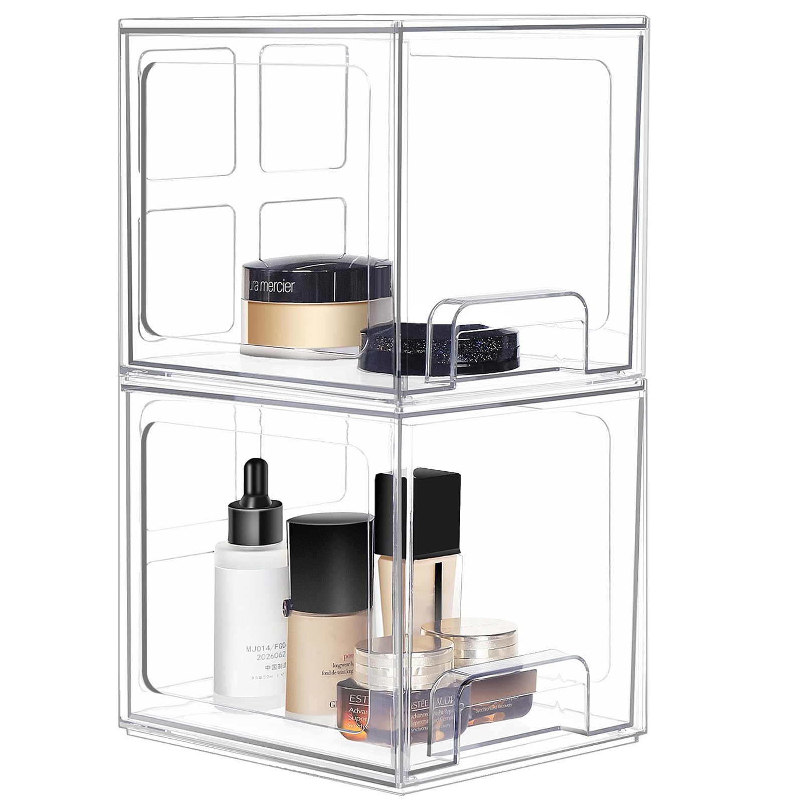 2 Pack Stackable Makeup Organizer Storage Drawers, 6.6''Tall Acrylic Bathroom Organizers，Clear Plastic Storage Bins For Vanity, Undersink, Kitchen Cabinets, Pantry Organization and Storage
