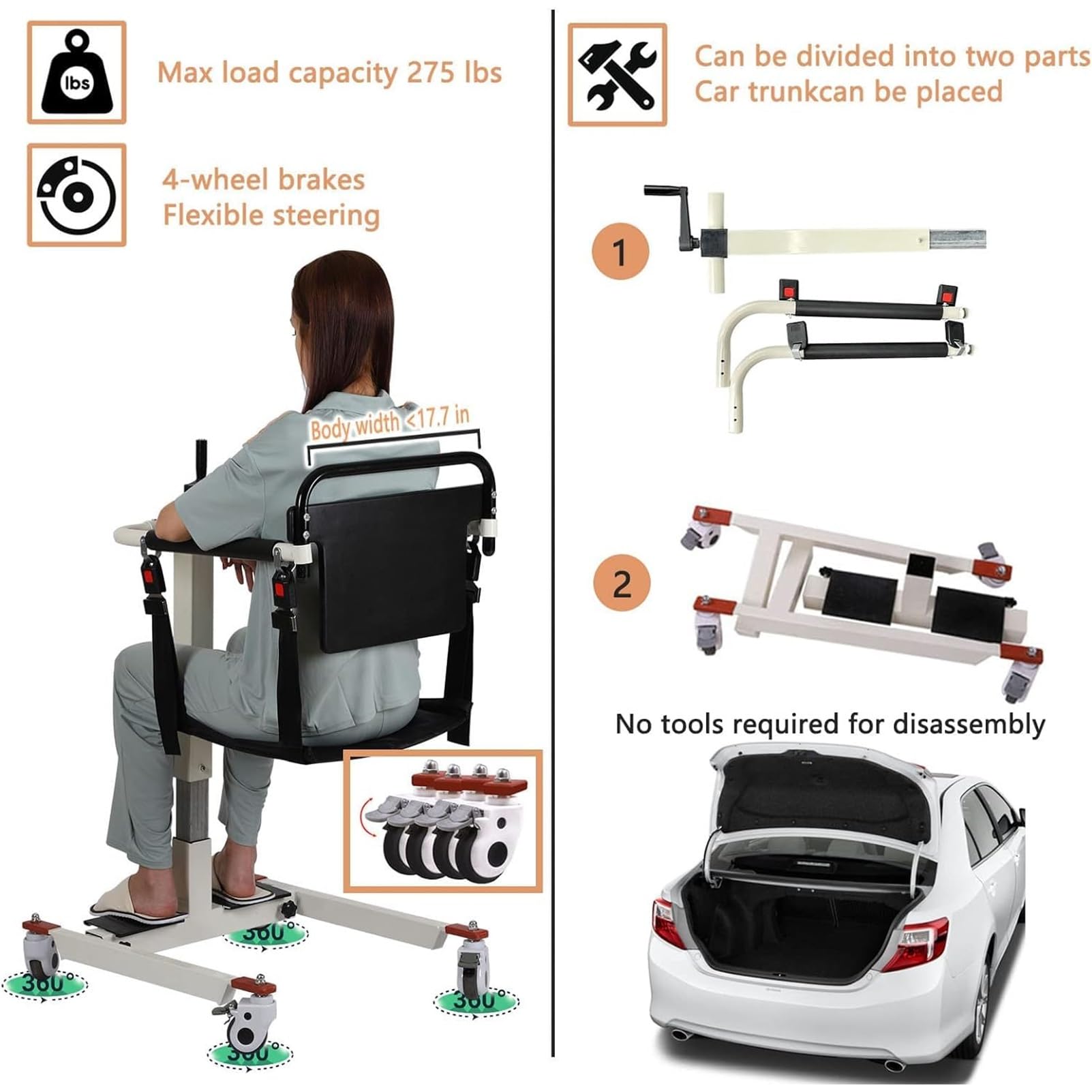 Sollevapazienti Manuale con Altezza Regolabile, Sollevatore Portatile con Imbracatura, Sedia da Trasferimento per Disabili e Anziani, per Casa e Auto
