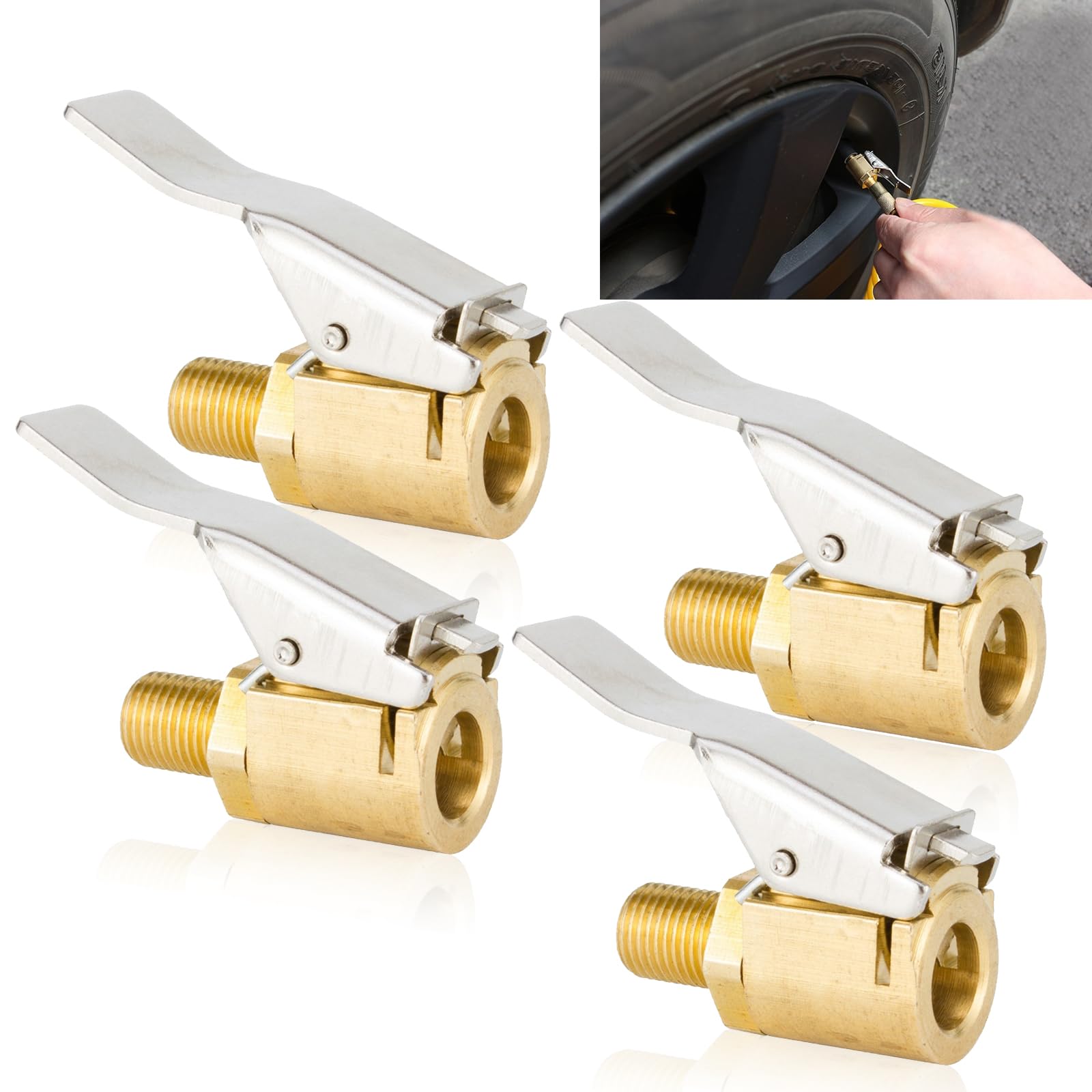 UGSHY4 PCS Car Tire Quick Inflation Chuck, Reinforced Type Air Pump Nozzle Leak-Free Adapter, Tire Inflation Air Chuck Standard Thread Quick Connector, Universal for Car Connection Tool (Gold)