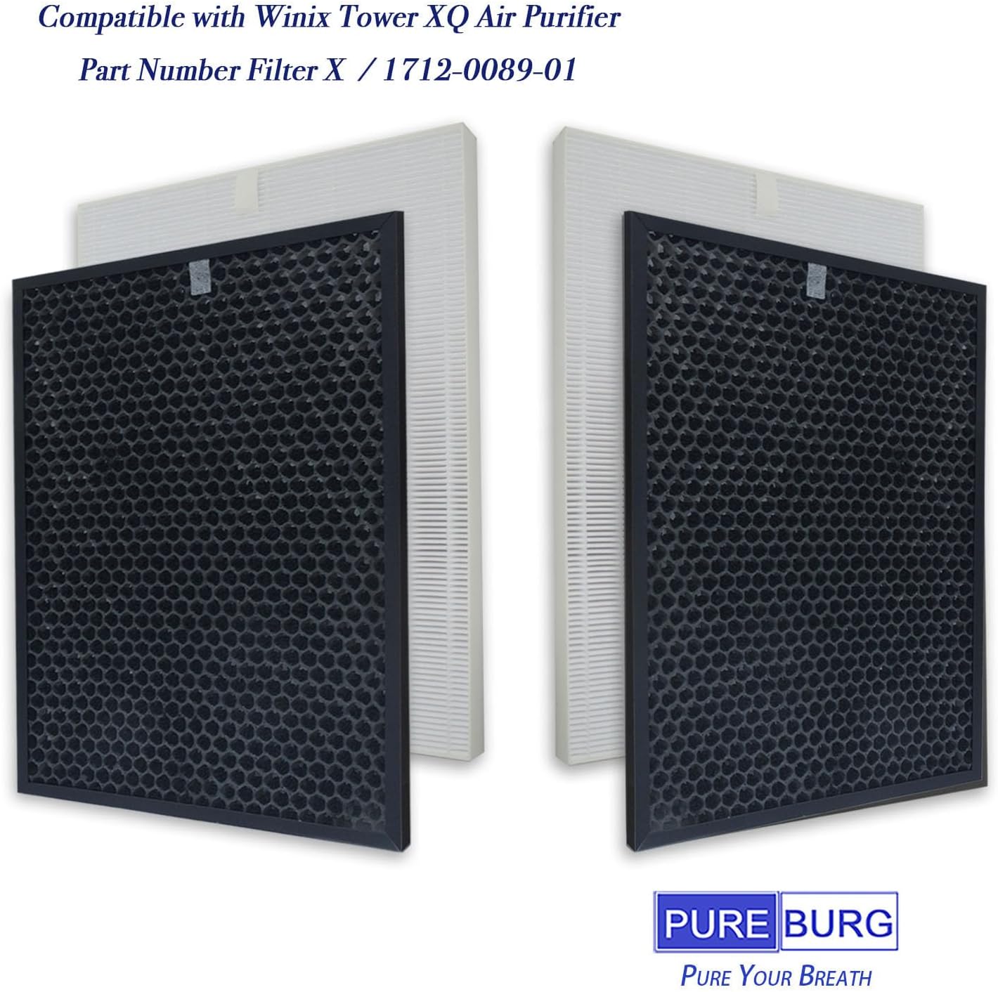 PUREBURG Replacement Filter Compatible with Winix XQ & XQ Pro Tower Air Purifier, Filter X, 2 x H13 HEPA & 2 x Activated Carbon Filters Air Clean Dust VOCs Odor - Image 2