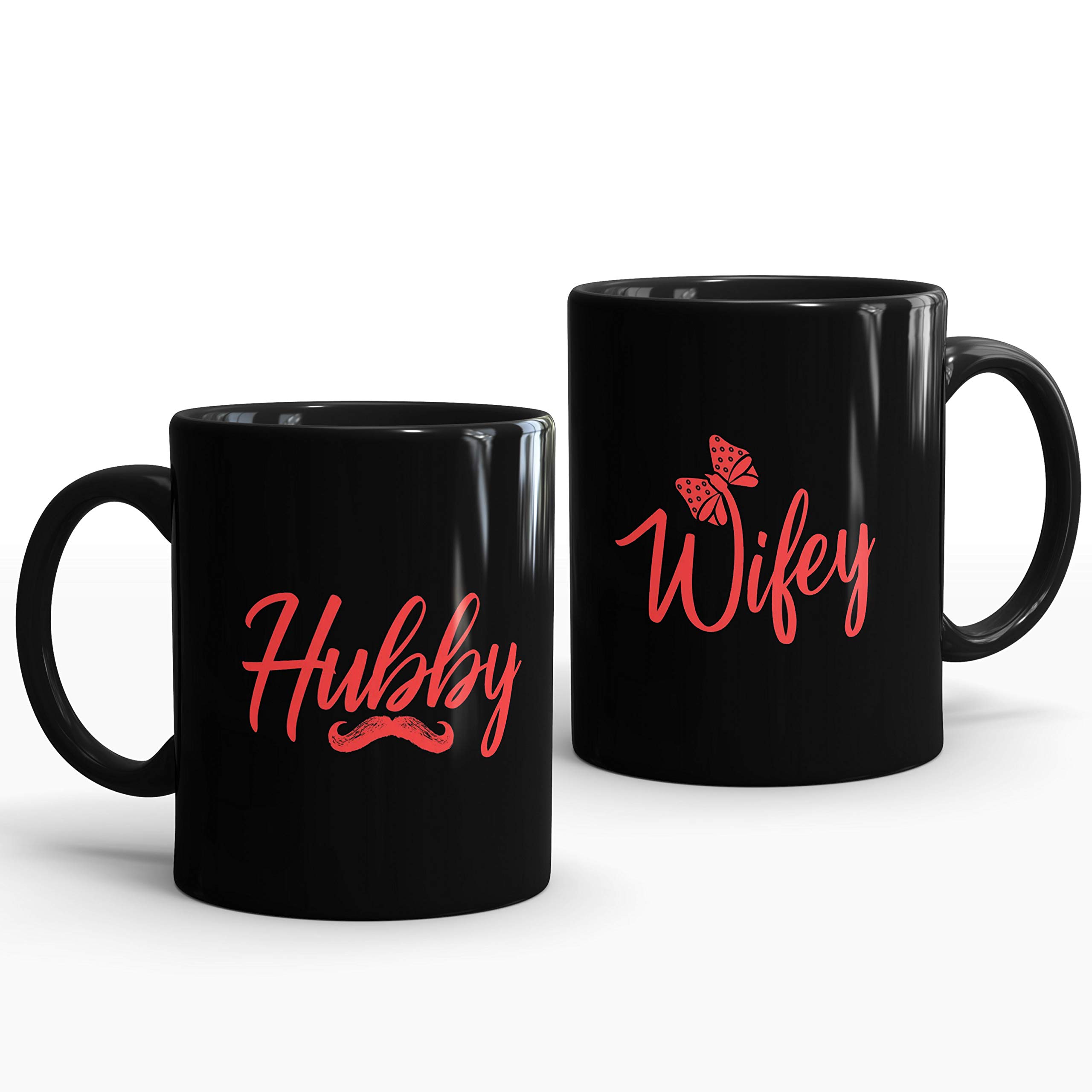 Gift Arcadia Set of 2 Ceramic Coffee Mug for Husband & Wife Series| Shiny Ceramic Tea Cup Set with Handle for Hubby & Wifey & Couples| Microwave & Dishwasher Safe| 325ml Milk Cups Black (A092)