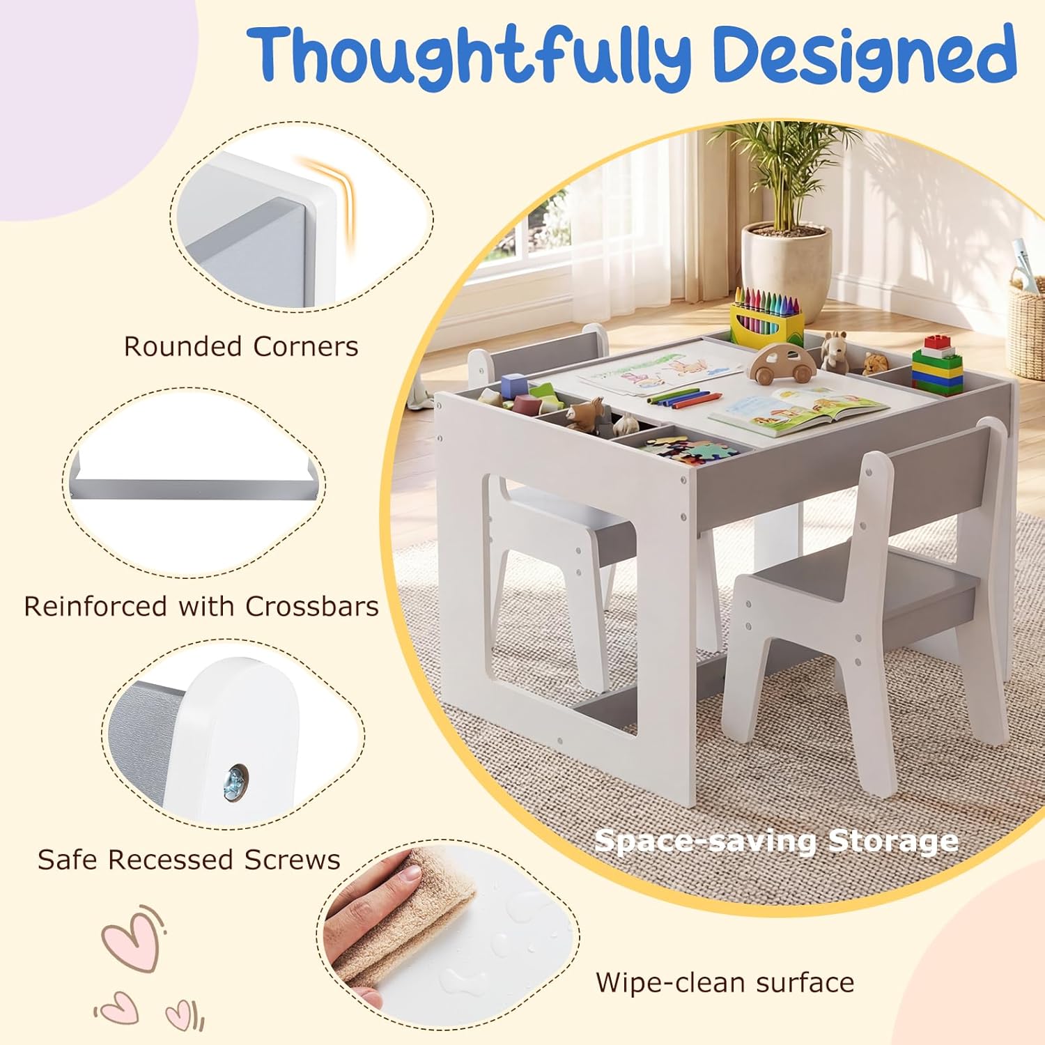 Costzon Table and Chairs for Kids 2-5, 4-1 Wooden Activity Art Desk Set w/Whiteboard, Chalkboard & Storage Cubes for Drawing, Crafting, Playing, Toddler Table and Chair Set (31.5” x 19.5” x 19”,Gray)