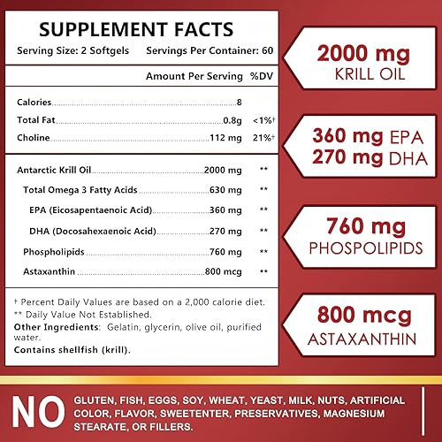Miniatura 6 de NATURE TARGET Aceite de krill de 2000 mg con omega-3 EPA y DHA con suplemento de astaxantina, colina, apoya el corazón, el cerebro, la unión, la