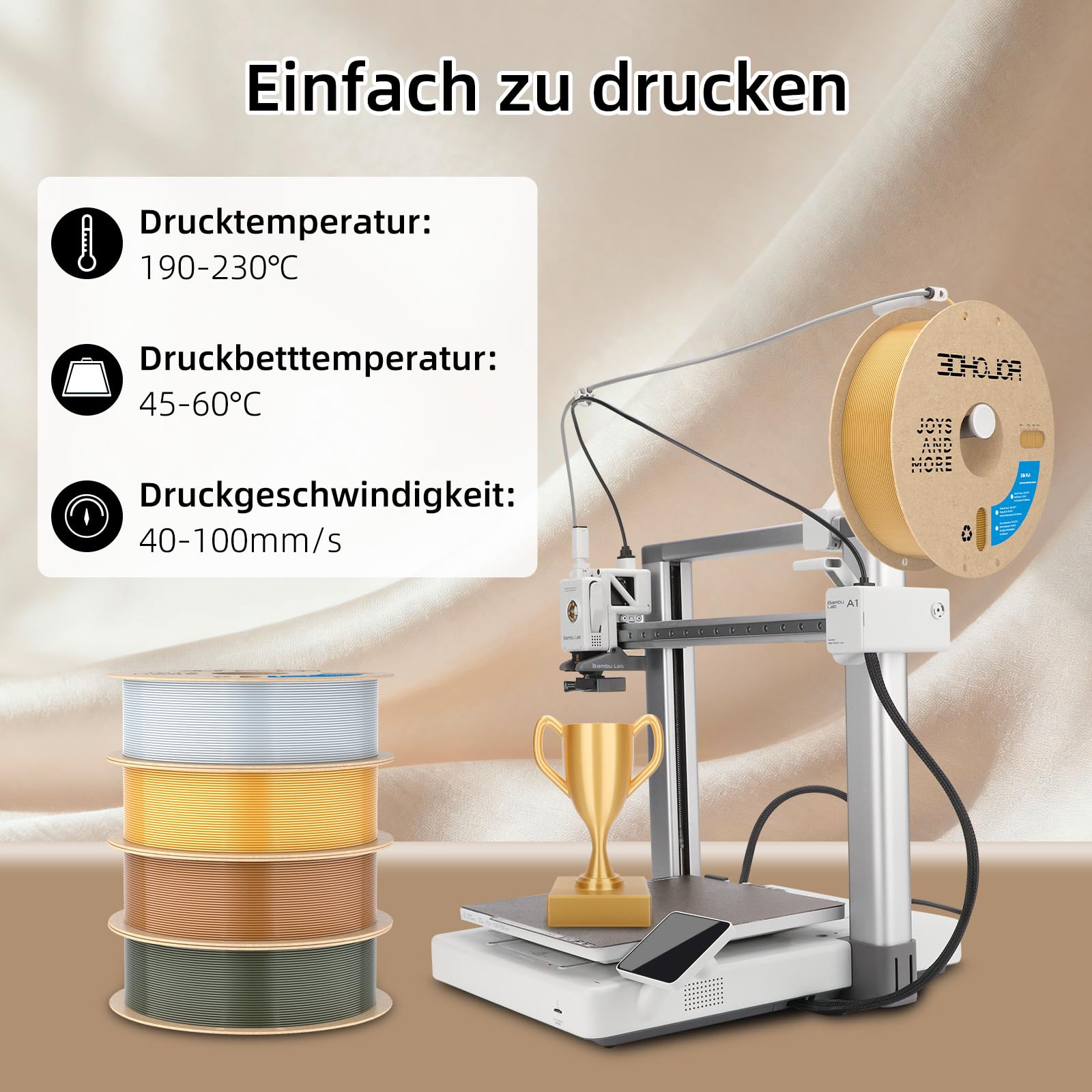 3DHoJor Silk PLA Filament 1.75mm 4KG Seidig Metallisch PLA für 3D Drucker | Seiden-PLA mit Seidenglattes Finish, Seidig Metallisch 3D Drucker Filament, Hochglänzende Oberfläche, Maßgenauigkeit ±0,02mm