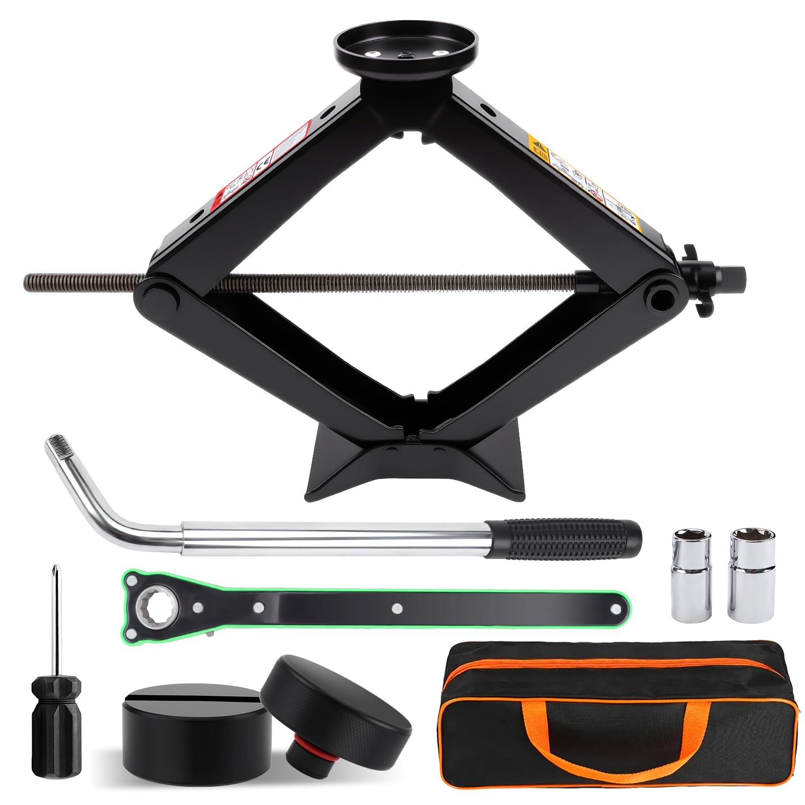 KAOLALI Gato de Tijera 3T/3000kg, Kit de Gato Coche Portátil con Bloque De Goma Llave de Tuercas de Rueda, Kit de Emergencia Universal para Automóvil SUV MPV Tesla Model 3/Y/S/X