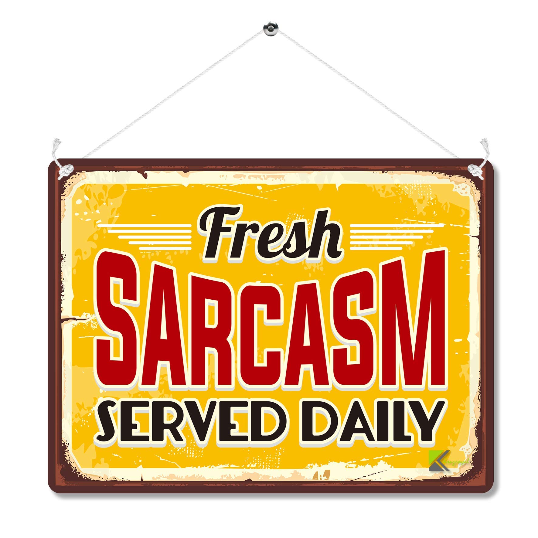 Kruzroyal Funny Sarcasm Metal Wall Sign, Fresh Sarcasm Served Daily Novelty Plaque Gift, Humorous Retro Vintage Tin Decor for Office or Home, 20x15cm with Hanging String