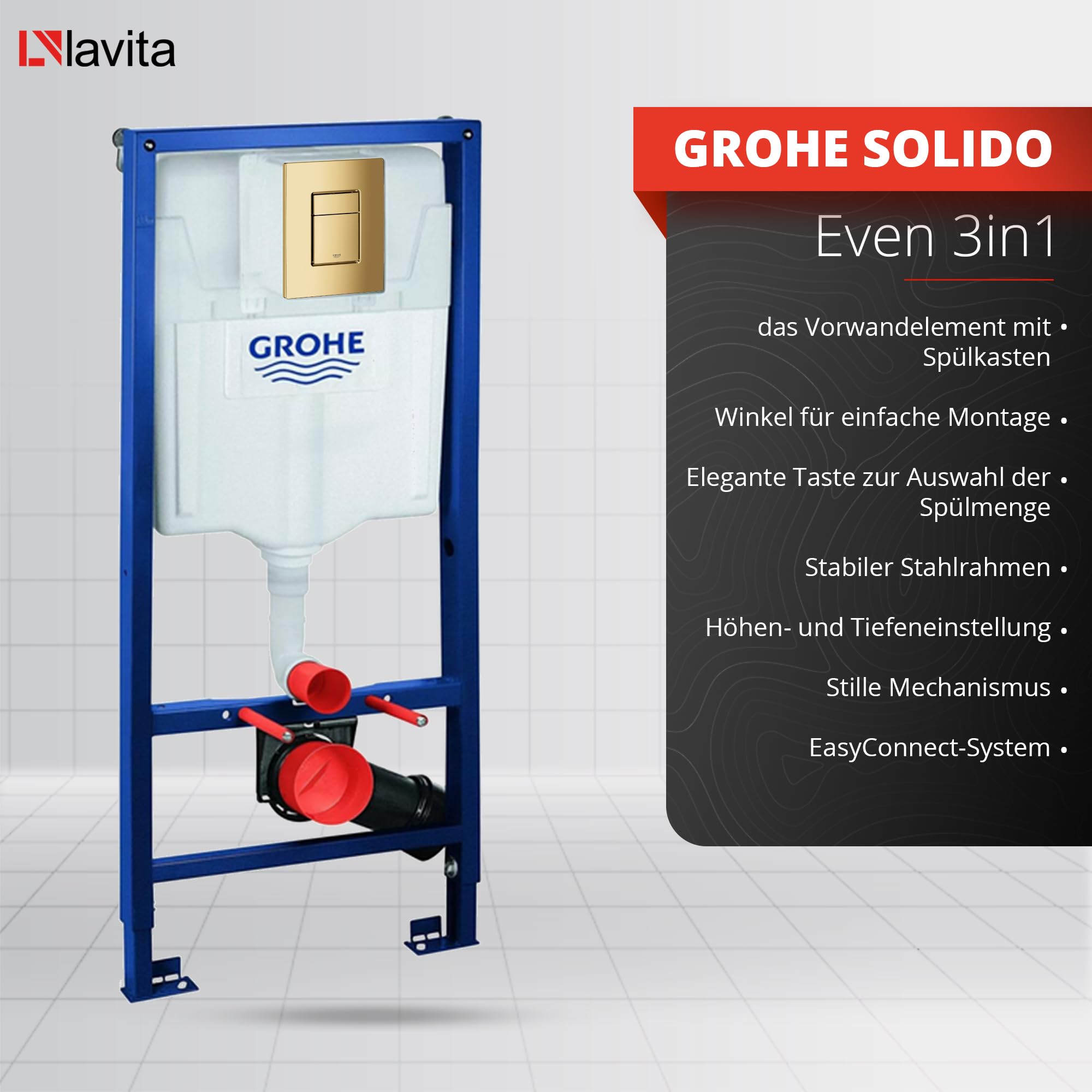 LAVITA Élément Mural Solido + WC Suspendu Sofi Slim Golden Eye Doré Sans Bord + Abattant SoftClose Bouton Doré - Kit Complet Encastré