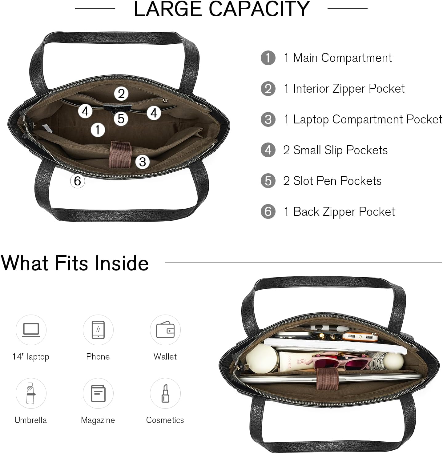 Genuine Leather Tote Bag for Women, Large Women's Leather Shoulder Bags, Tote Purses Satchel with Compartments Handbags - Image 4