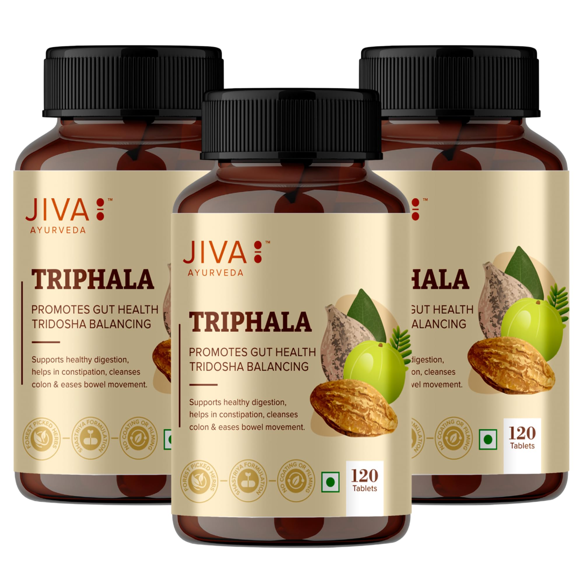 Jiva Triphala Tablet - An Ayurvedic Formulation | Antibacterial | Anti Oxidants | Detoxifier | Immunity Booster | Blood Purifier | Constipation and Digestive Disorders - 120 Tablet, Pack of 3