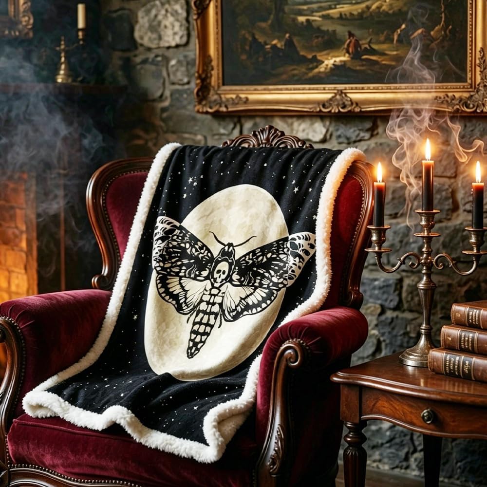 MILANKET Skull Moth Sherpa Blanket Soft Fleece Throw Blanket Black Moth Skull Moon Galaxy Stars Blankets for Kids Teens Boys Men Gothic Halloween Blanket for Bed Sofa Couch Decor 60"x80"