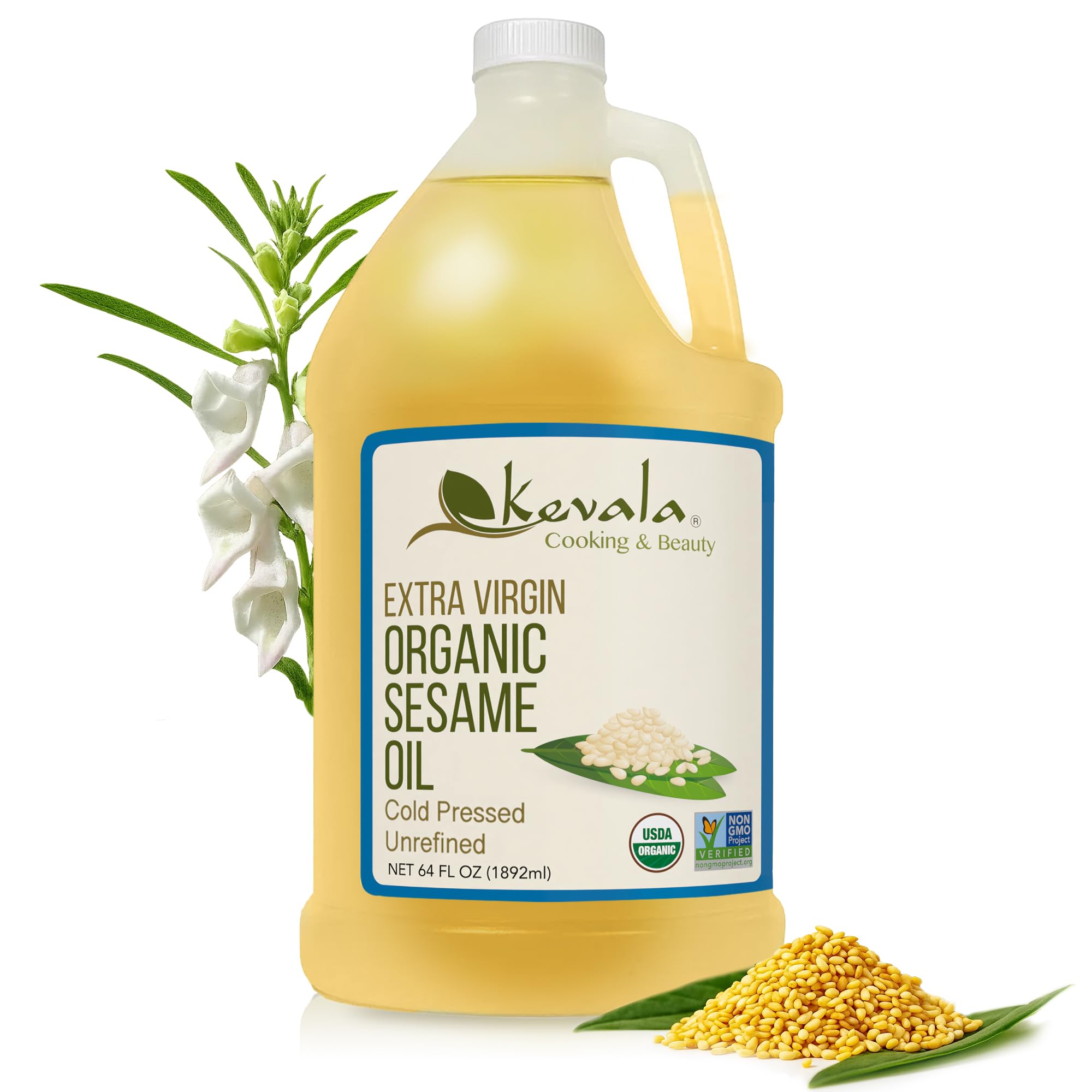 Kevala Organic Extra Virgin Sesame Oil - 64 fl oz - 1/2 Gal – Sesame Seed Organic – Cooking Oil – Cold Pressed - Unrefined