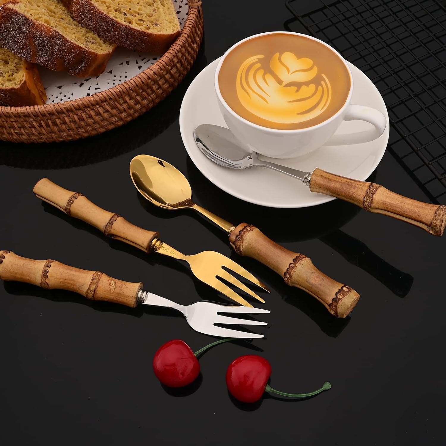 JASHII 16 Piece Natural Bamboo Silverware Set 304 Stainless Steel Flatware Set Service for 2 with 1 Serving Spoon and 1 Serving Forks, Bamboo Handle Cutlery Utensil Set, Mirror Silver