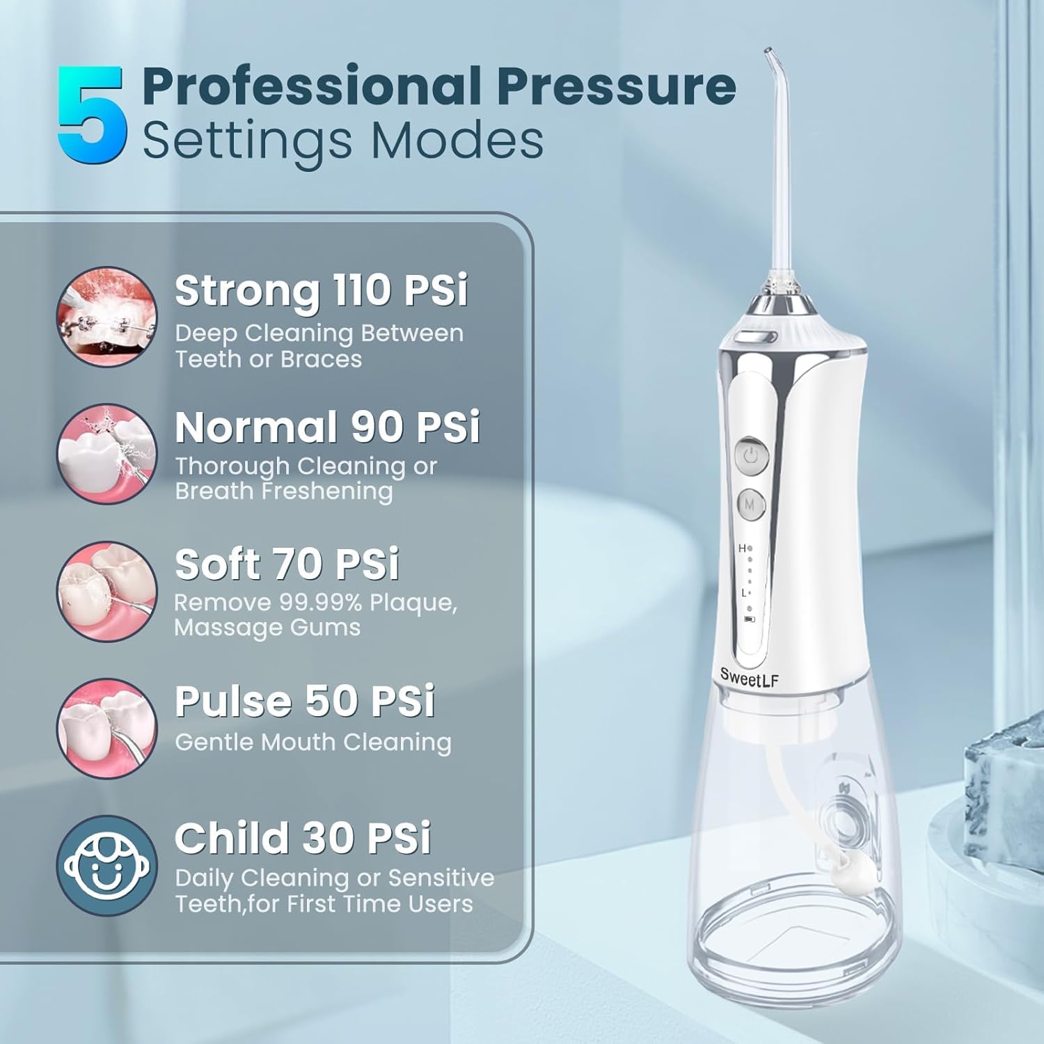 Irrigatore orale portatile senza fili, 5 modalità di irrigatore orale per denti con serbatoio da 300 ml, con 5 punte a getto, IPX7, impermeabile, ricaricabile, per casa e viaggio