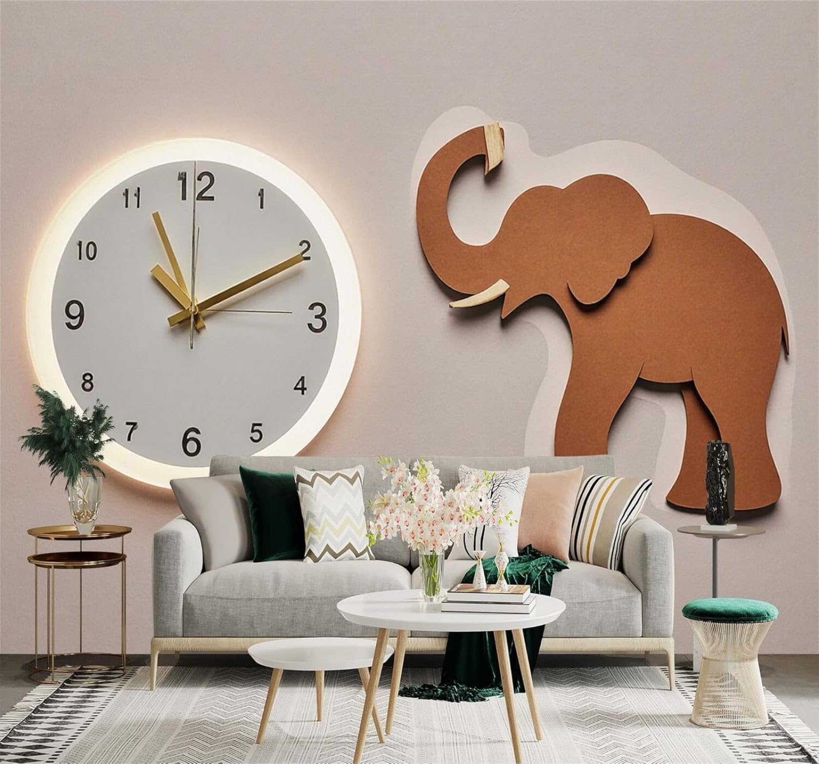 Xlming 400Cm×280Cm(B×H) Minimalist Style Wall Clock Brown Elephant Art 3D Wallpaper Silky Texture Home Study Office Grey Dining Room Sofa Bedroom Living Room Tv Backdrop-400Cm×280Cm