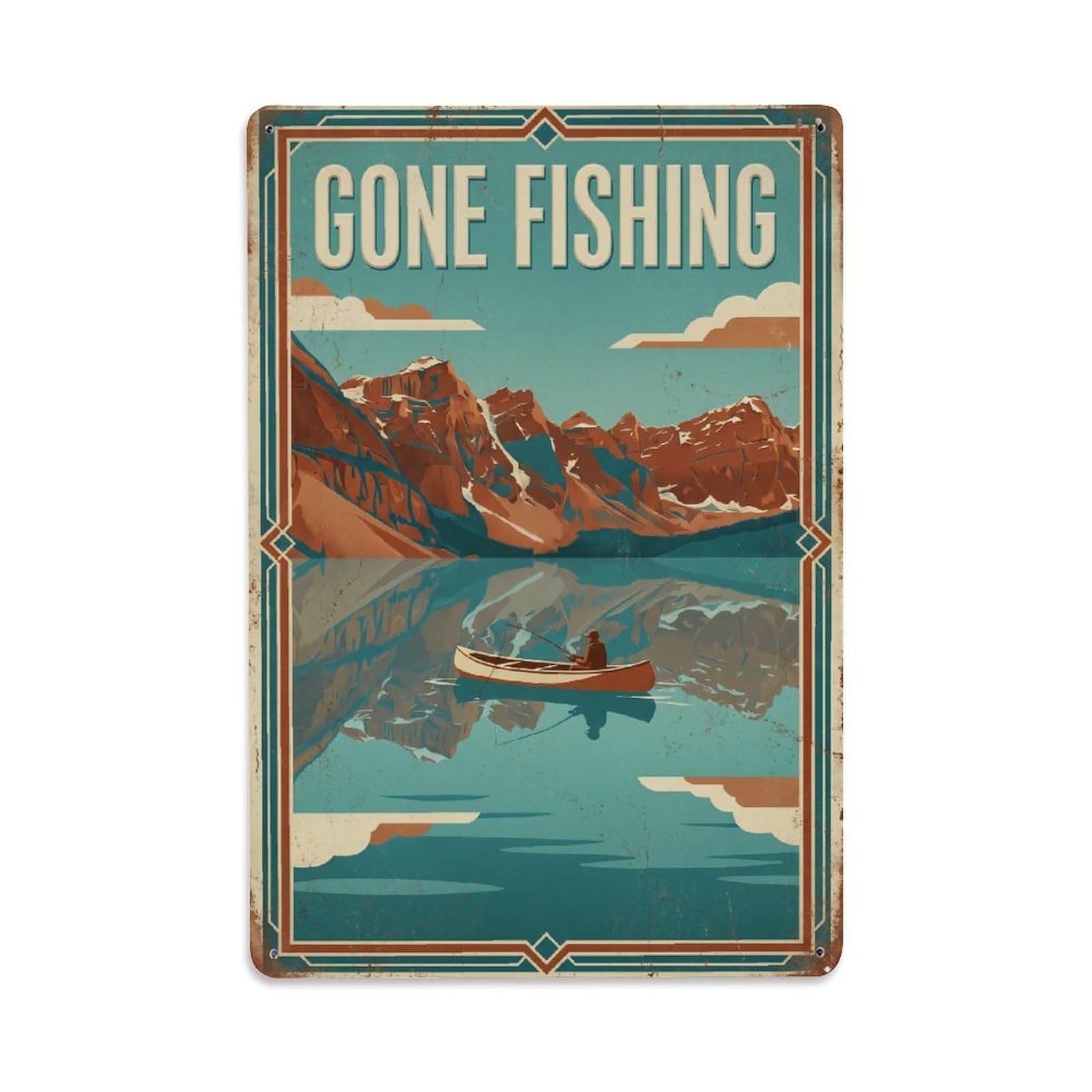 Gone Fishing Mountain Lake 1 Vintage Metal Tin Sign Plaque Wall Decor for Cafe, Club, Garden Metal Poster 8x12Inch