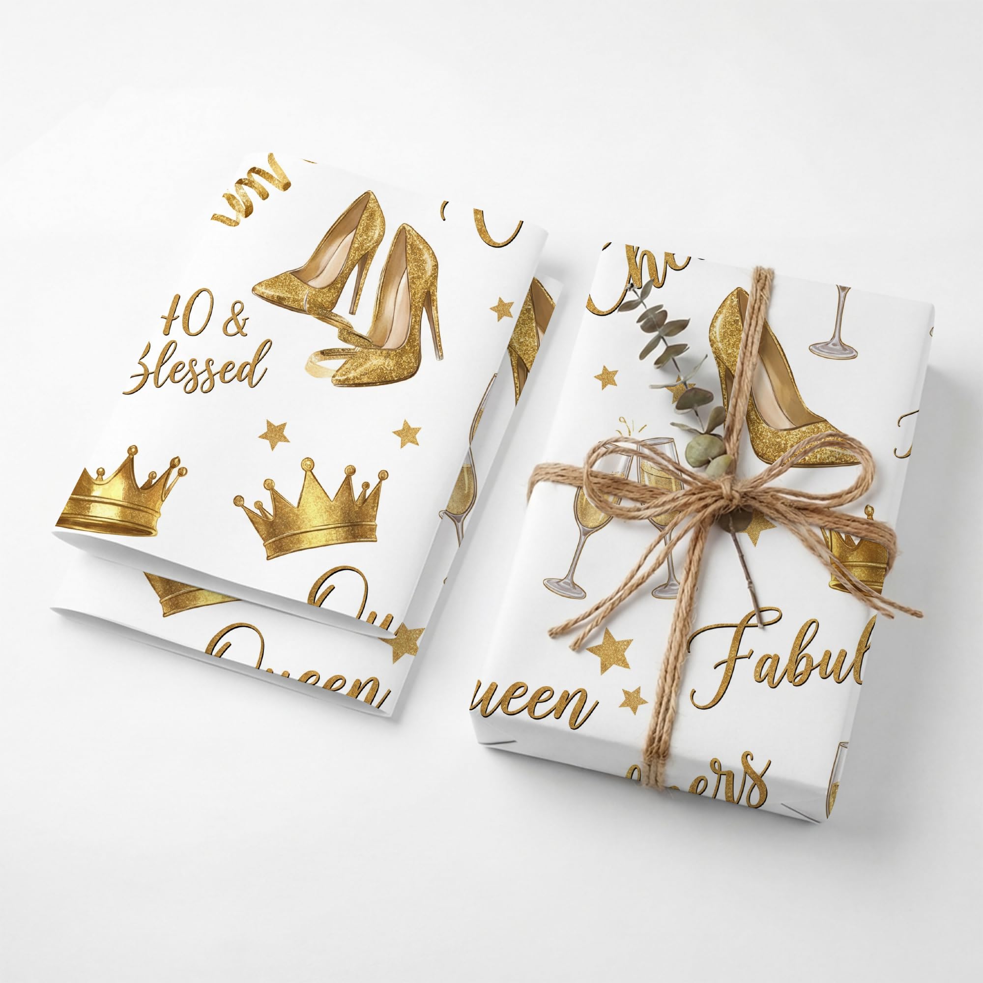 Gold Crown High Heel Birthday Wrapping Paper Folded Sheets, 120GSM Thick Kraft Wrapping Paper for Women, Fabulous 40th Champagne Print Present Packaging for Wife Mom, 2 Pack