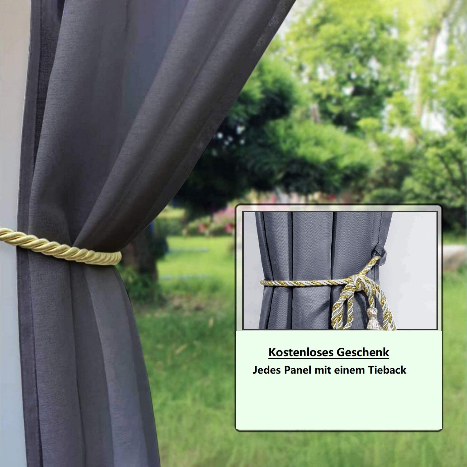 Outdoor Vorhänge mit Ösen Wasserdicht, 254x245cm Extra Breit Grau Outdoor Vorhang Pavillon Sichtschutz Schutz Für Veranda/Pergola/Garten/Schiebetür/Pavillon, 1 Stück
