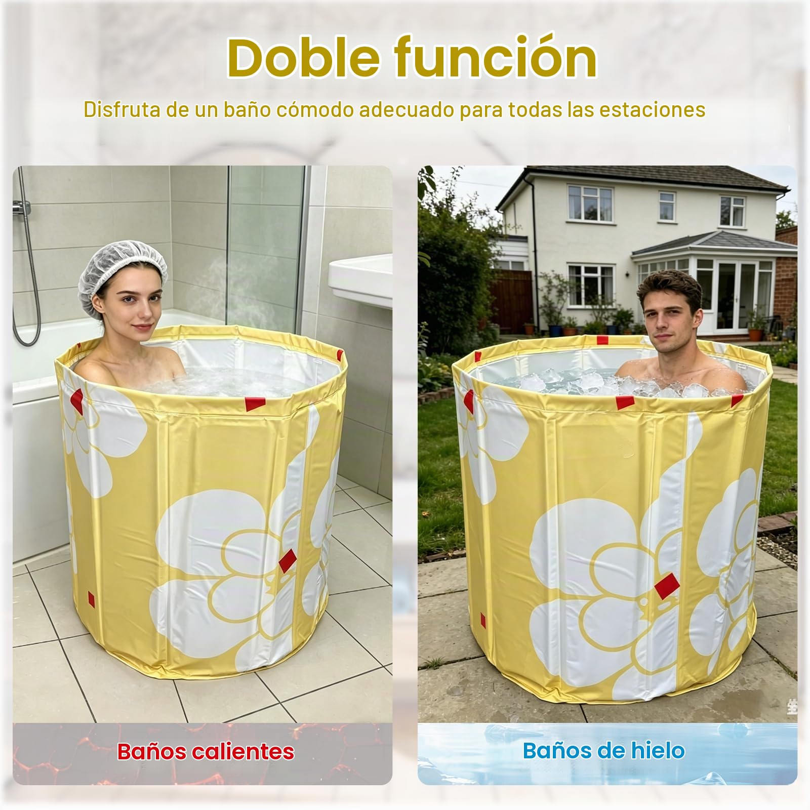Bañera plegable de 70 × 65 cm para adultos – Bañera profunda portátil para agua caliente y fría con manguera de drenaje y cojín de asiento, ahorra espacio en la bañera plegable para baño