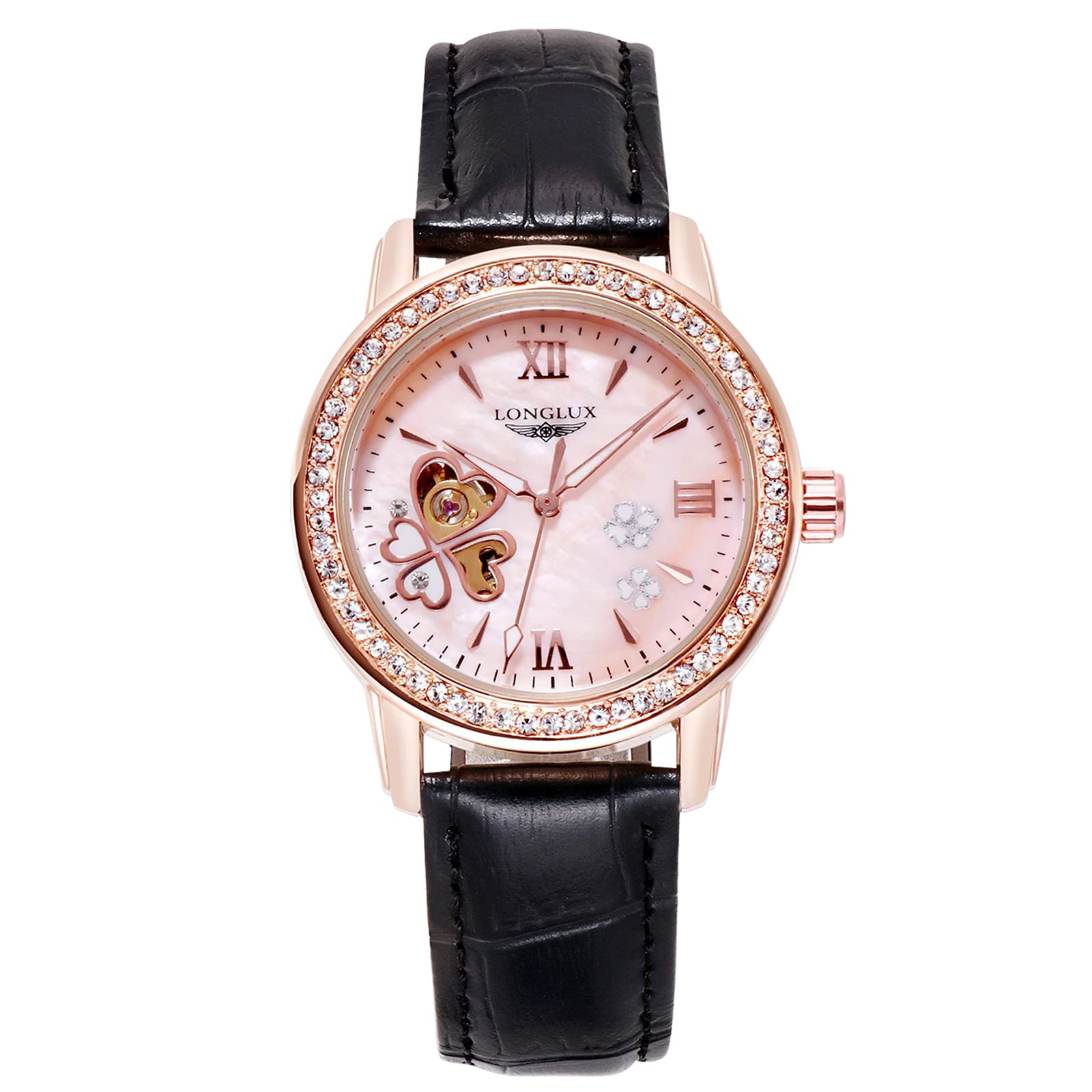 RORIOSDamen Uhren Wasserdicht Automatikuhr Mechanische Uhr mit Leder Armband Leuchtend Mode Diamant Armbanduhr fr Frauen