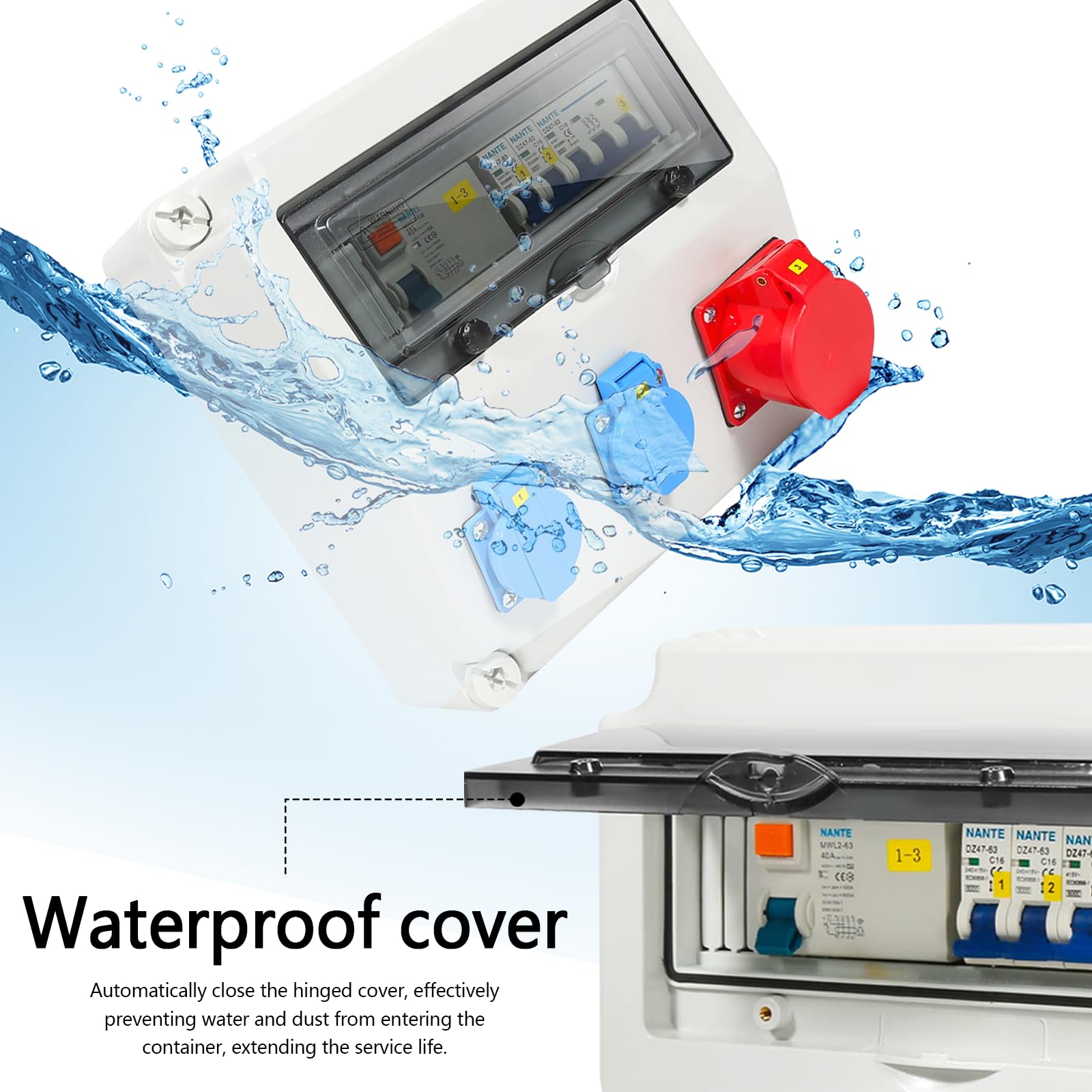 Caja Distribución Montada Superficie, Caja Fusibles Superficie Armario Distribución Ip65 con LS+FI Distribuidor de Corriente CEE 1 x 16 A + 2x 230 V con Tapa de Seguridad para Talleres y Fábricas