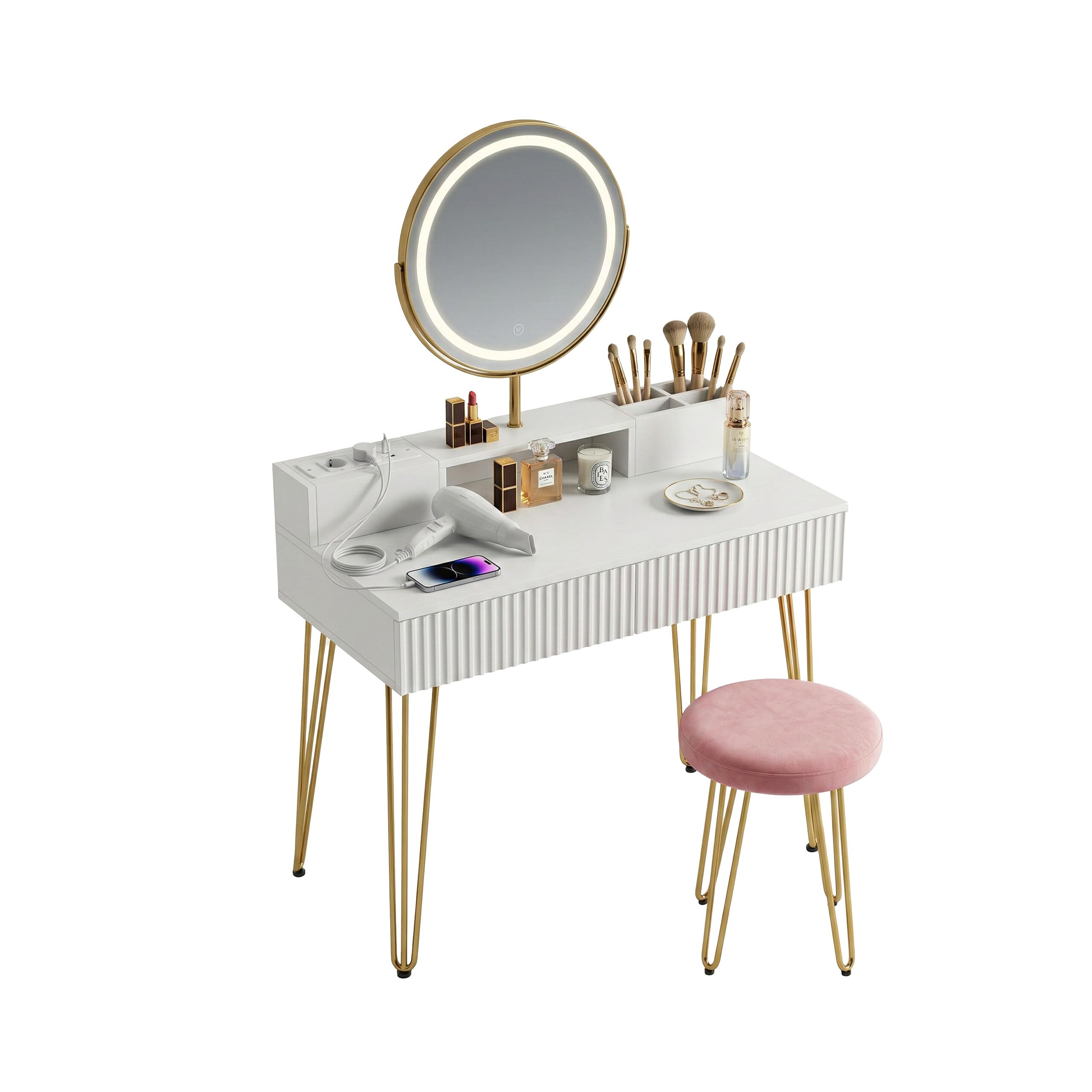 Relaxdays Tocador con Taburete, Espejo, luz, enchufes, 2 cajones, 135x80x40 cm, Blanco/Dorado