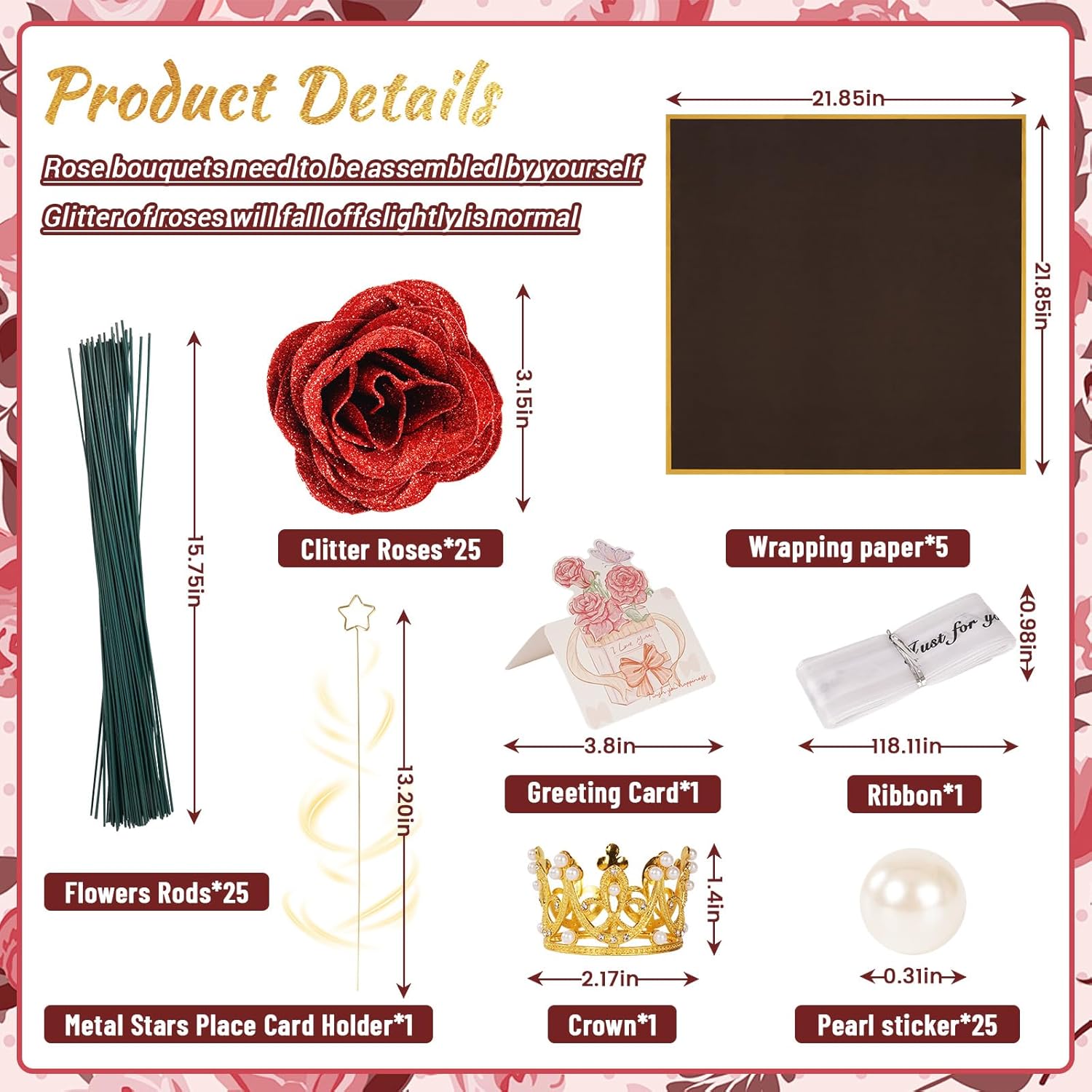 25 Pcs Red Glitter Roses Bouquet,Valentine's Day DIY Artificial Bouquet of Shiny Red Faux Rose Flowers Bouquet,for Wedding Bouquet Centerpiece Floral Arrangement Bride Shower Party Home Decor - Image 5