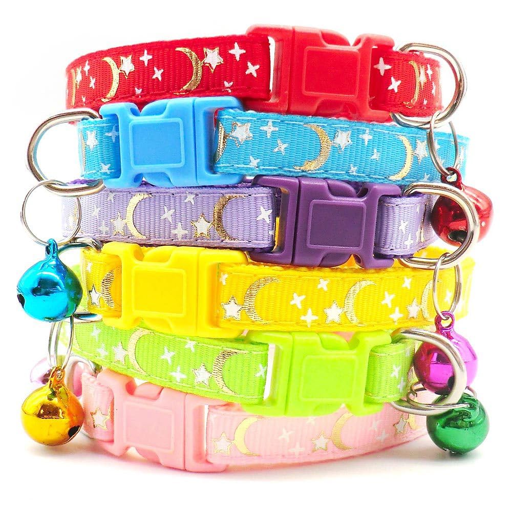 Reflektierendes Katzenhalsband, 6 Stück, abreißbar, mit Glocke, Mond, Sterne, niedliches Kätzchen, verstellbar, 19,1 - 32,5 cm, sicheres Kätzchenhalsband