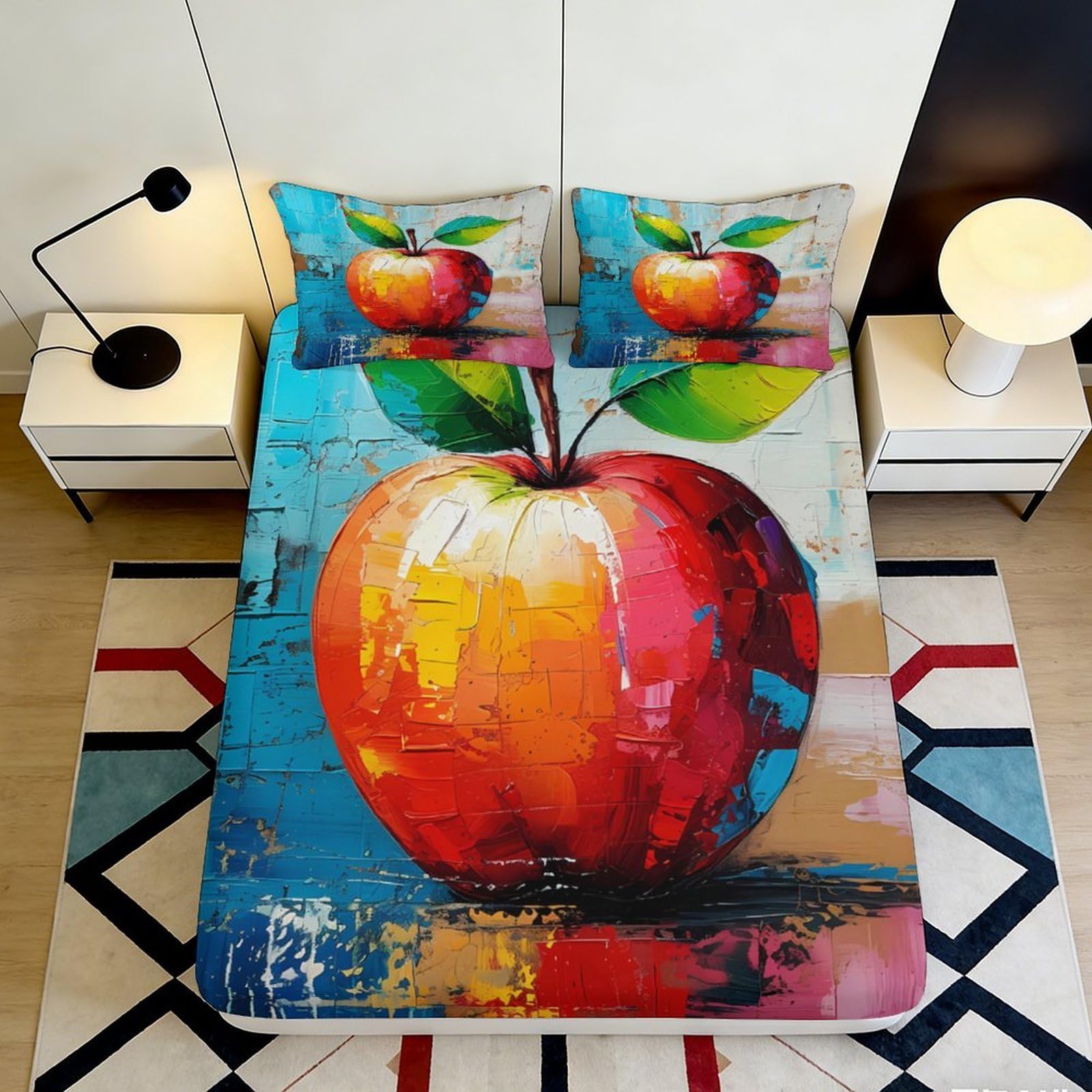 3D Printed Artistic Apple Fitted Sheet Microfiber Colorful Fruit Bed Sheet for Bedroom Dorm Mattress Protection Decor 90x200x25cm