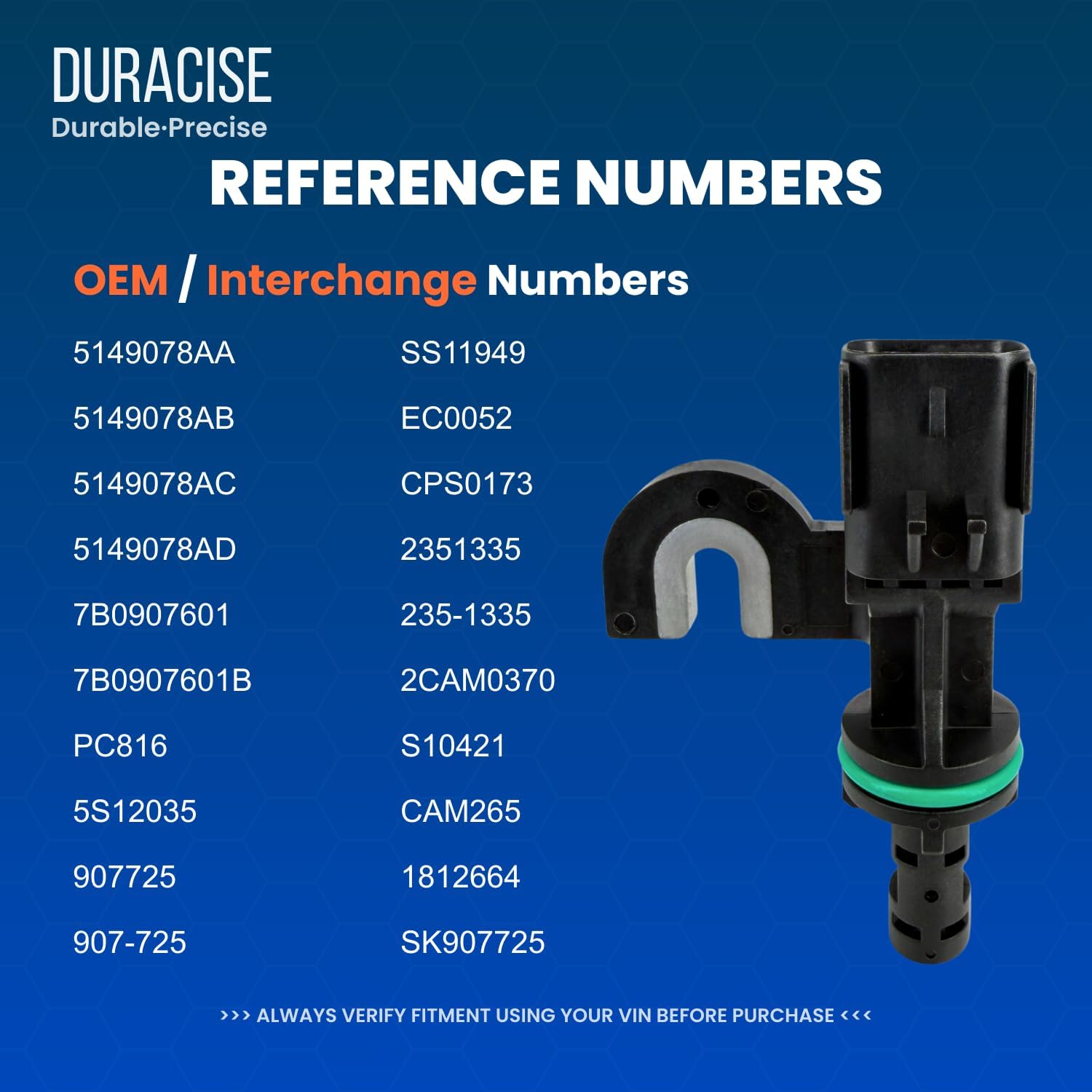 DURACISE Camshaft Position Sensor Compatible with 2008-2011 Jeep Wrangler & 2008-2010 Dodge Grand Caravan & Chrysler Town & Country, Pacifica & 2009-2010 Volkswagen Routan | OEM #5149078AD, 7B0907601B