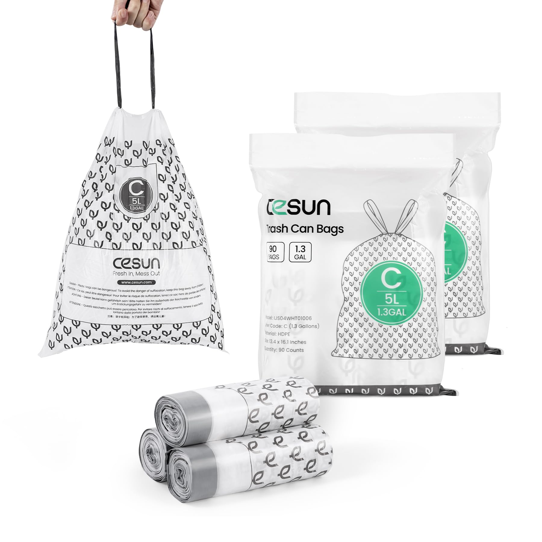 Cesun Code C Bolsas de basura con cordón, 90 unidades, precortadas de 1.3 galones/5 litros, bolsas de basura pequeñas, color blanco